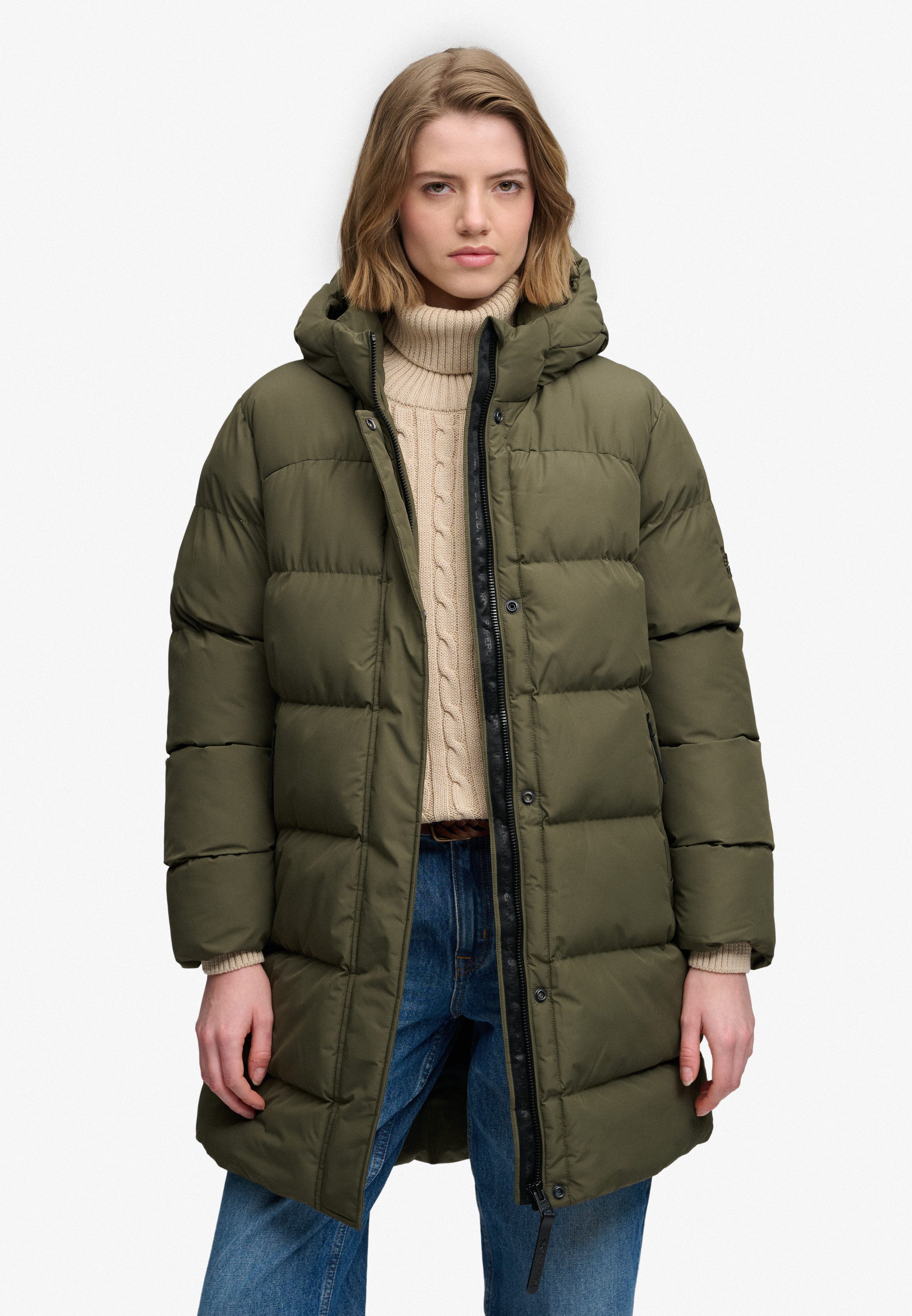 Superdry Steppjacke HOODED SPORTS PUFFER MID JKT Kunstfaser, relaxed fit