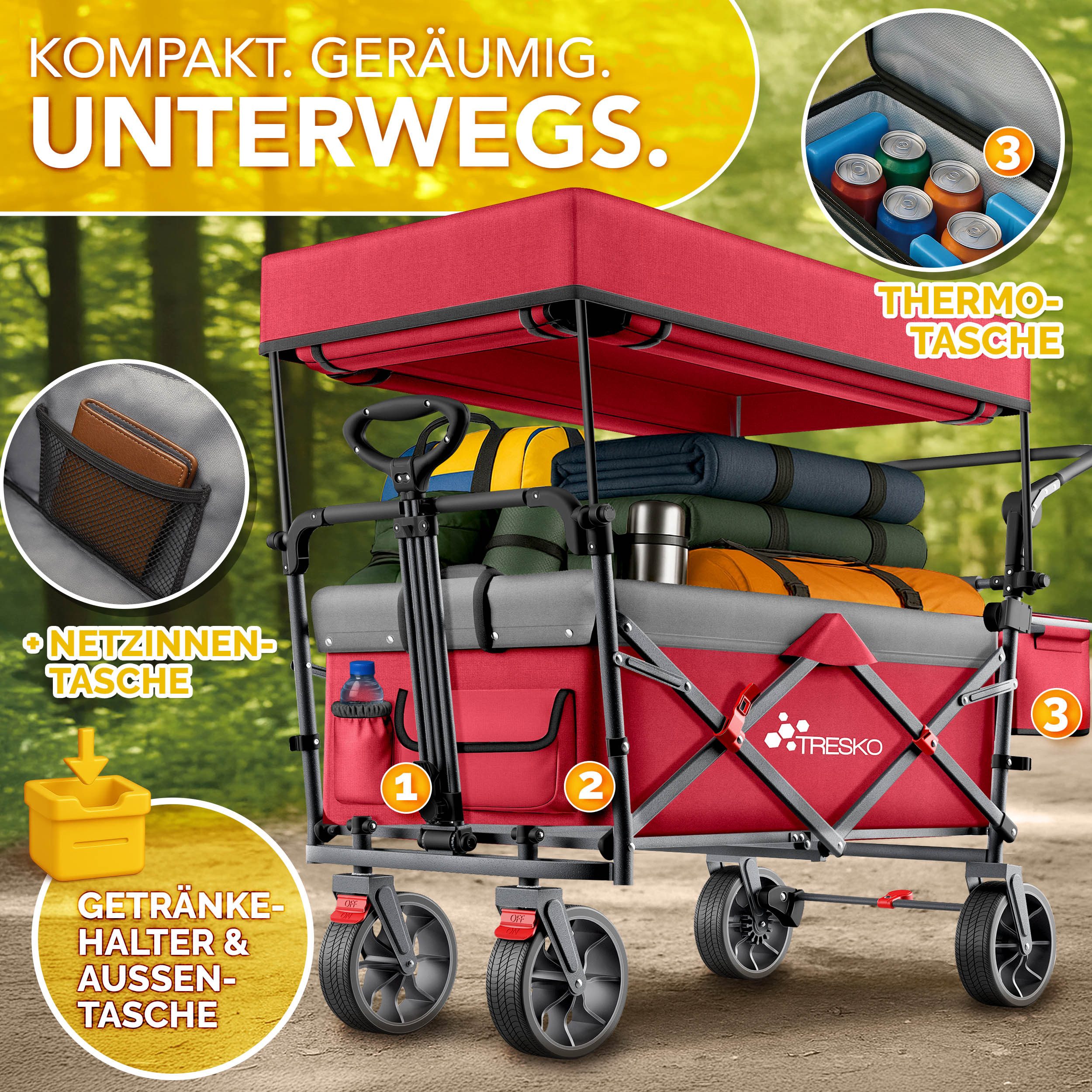 TRESKO Bollerwagen TRESKO Faltbarer Bollerwagen Handwagen (Feststellbremsen (Vorne & Hinten) und 3-Punkt-Gurt, max. belastbar bis 150kg Transportwagen mit Vollgummireifen), Faltbar mit Dach, Kühlfach & Seitenrollos Handwagen