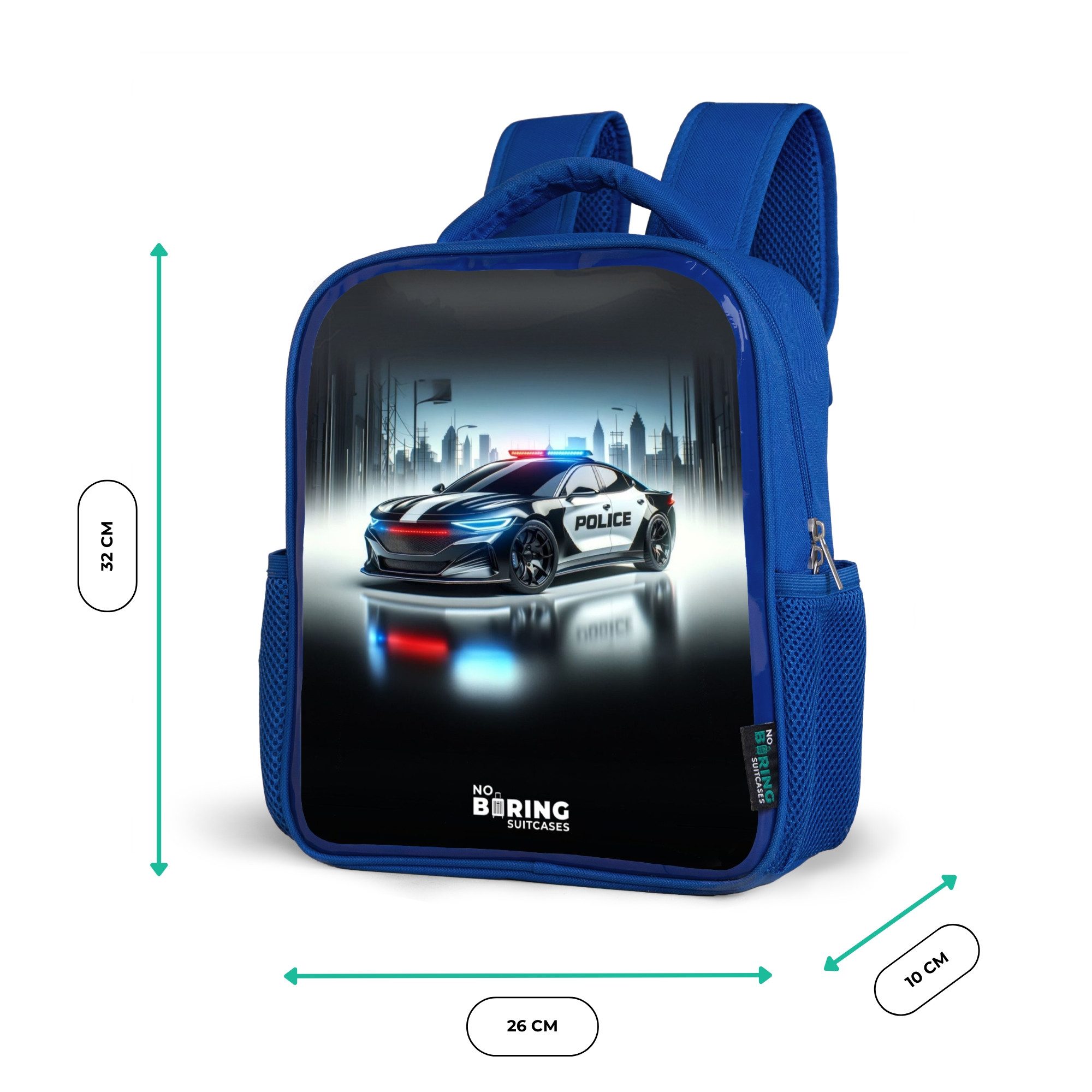NoBoringSuitcases.com© Rucksack Blau - Schwarz-weißes Polizeiauto vor einer Skyline, Kinderrucksack, Schulrucksack, Freizeitrucksack, Jungen, Kindergarten – Bild 5 von 5