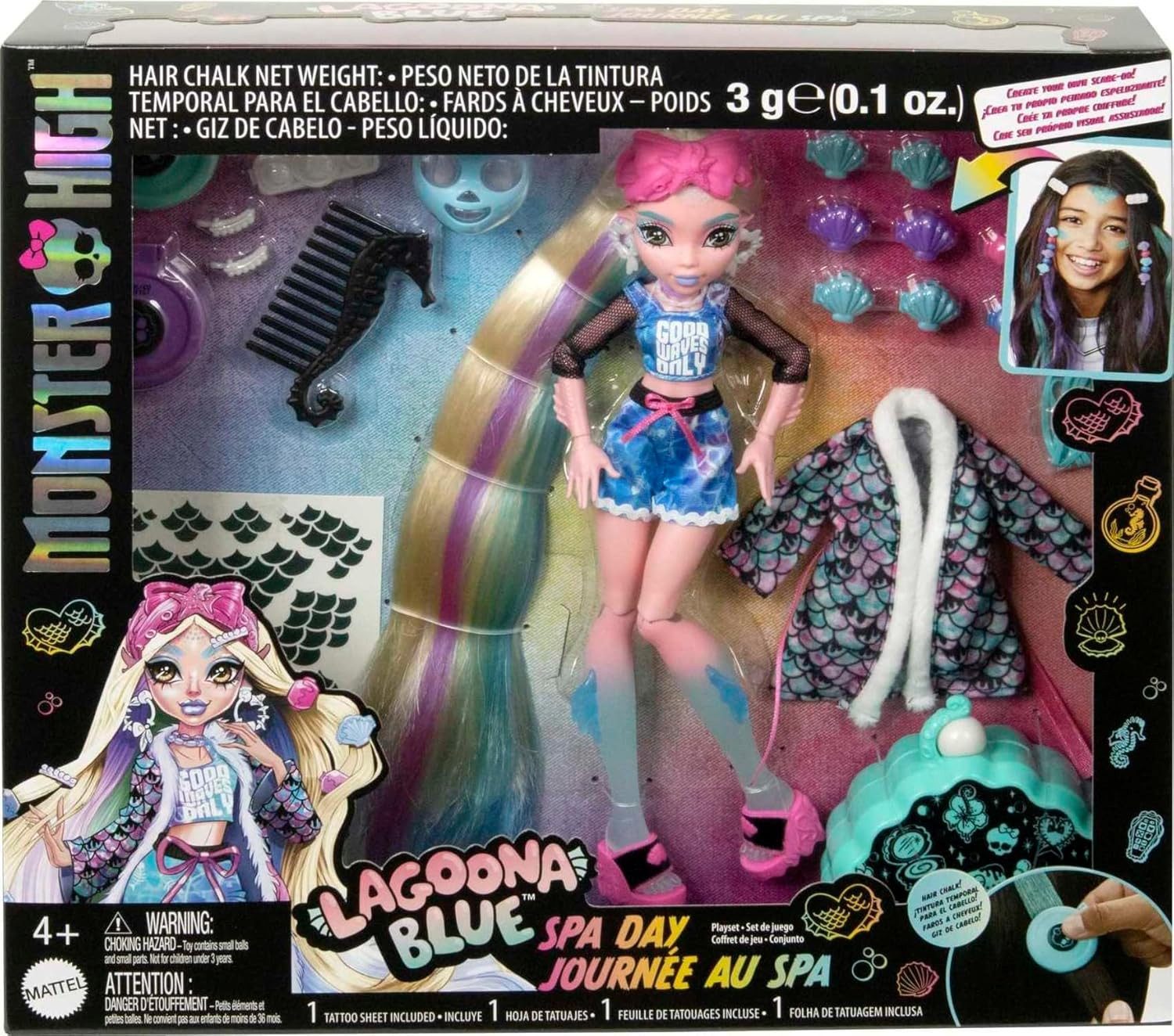 Mattel® Biegepuppe Monster High Puppe Lagoona Blue Spa Day Set Zubehör Haarspangen HKY69