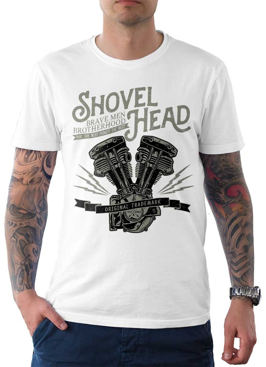Weiß T-Shirt Motiv Shovel T-Shirt / Head Herren Wheels On Motorrad Rebel Biker mit Tee