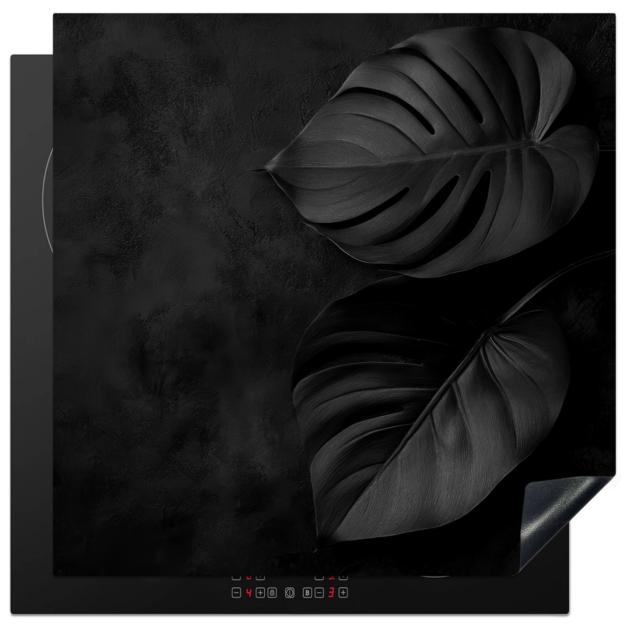 MuchoWow Herd-Abdeckplatte Schwarz - Blatt - Monstera, Vinyl, (1 tlg), Küche Herdabdeckung Ceranfeld Induktionsfeld Vinyl, 60x60 cm