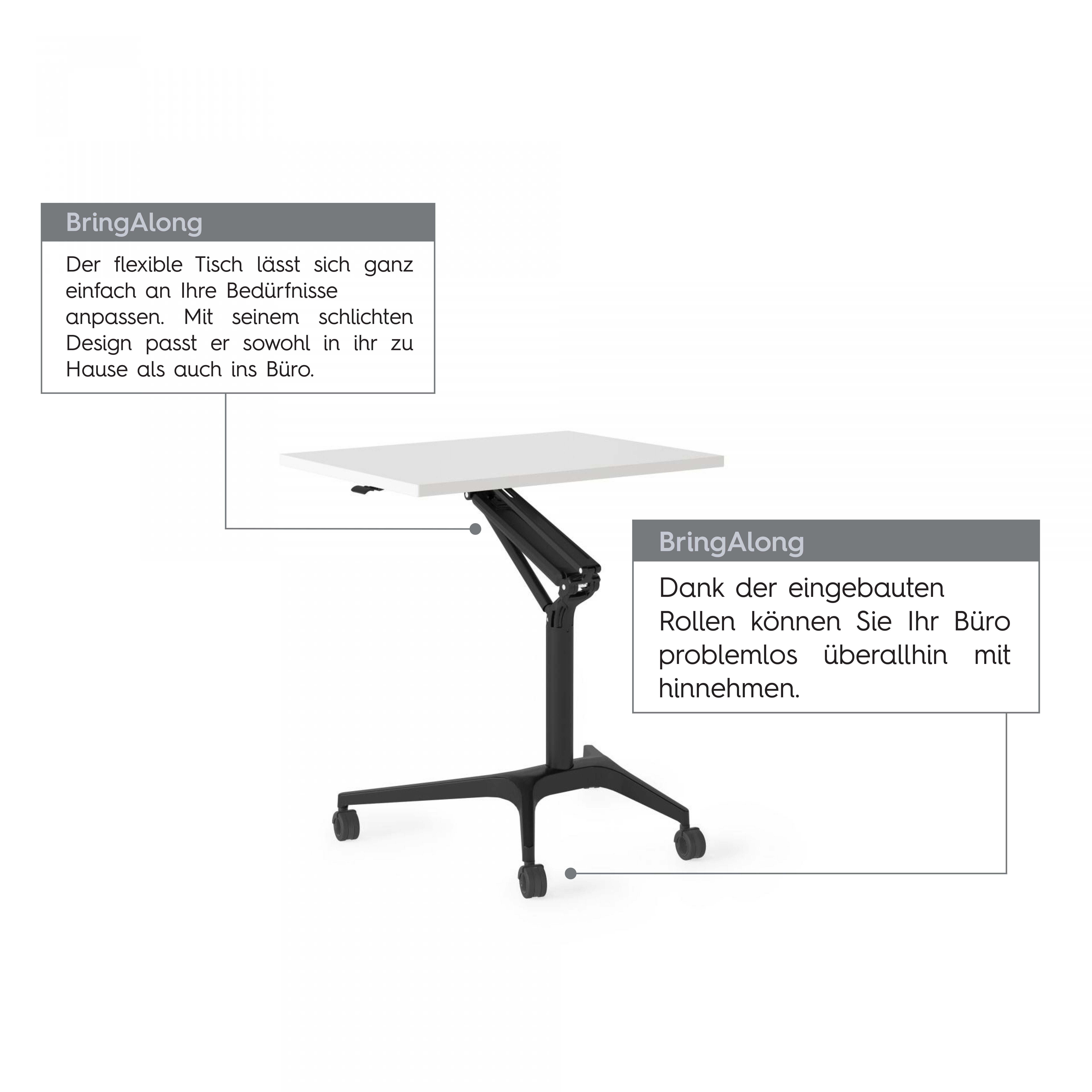 Actiforce Stehtisch BringAlong Gasfedertisch FLEXI (höhenverstellbar durch Gasfeder, ergonomischer & flexibler Schreibtisch), Tischplatte: 80*67 cm Weiß