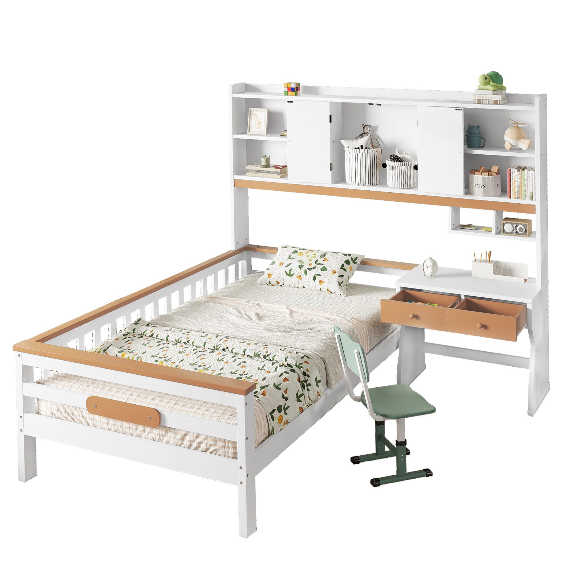 Odikalo Kinderbett Stauraumschrank Tisch Выдвижные ящики Schutzplatte L-Form 90x200cm Weiß