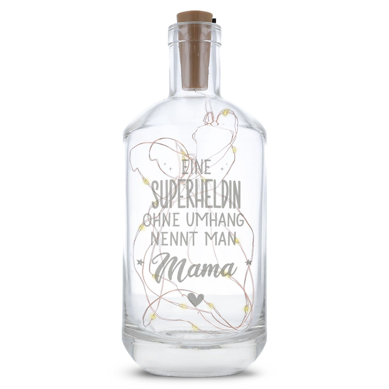 GRAVURZEILE Lichterkette Flasche mit Gravur - Superheldin Mama Design, 20 LEDs Lichterkette mit Schalter am Korken Drahtlichterkette