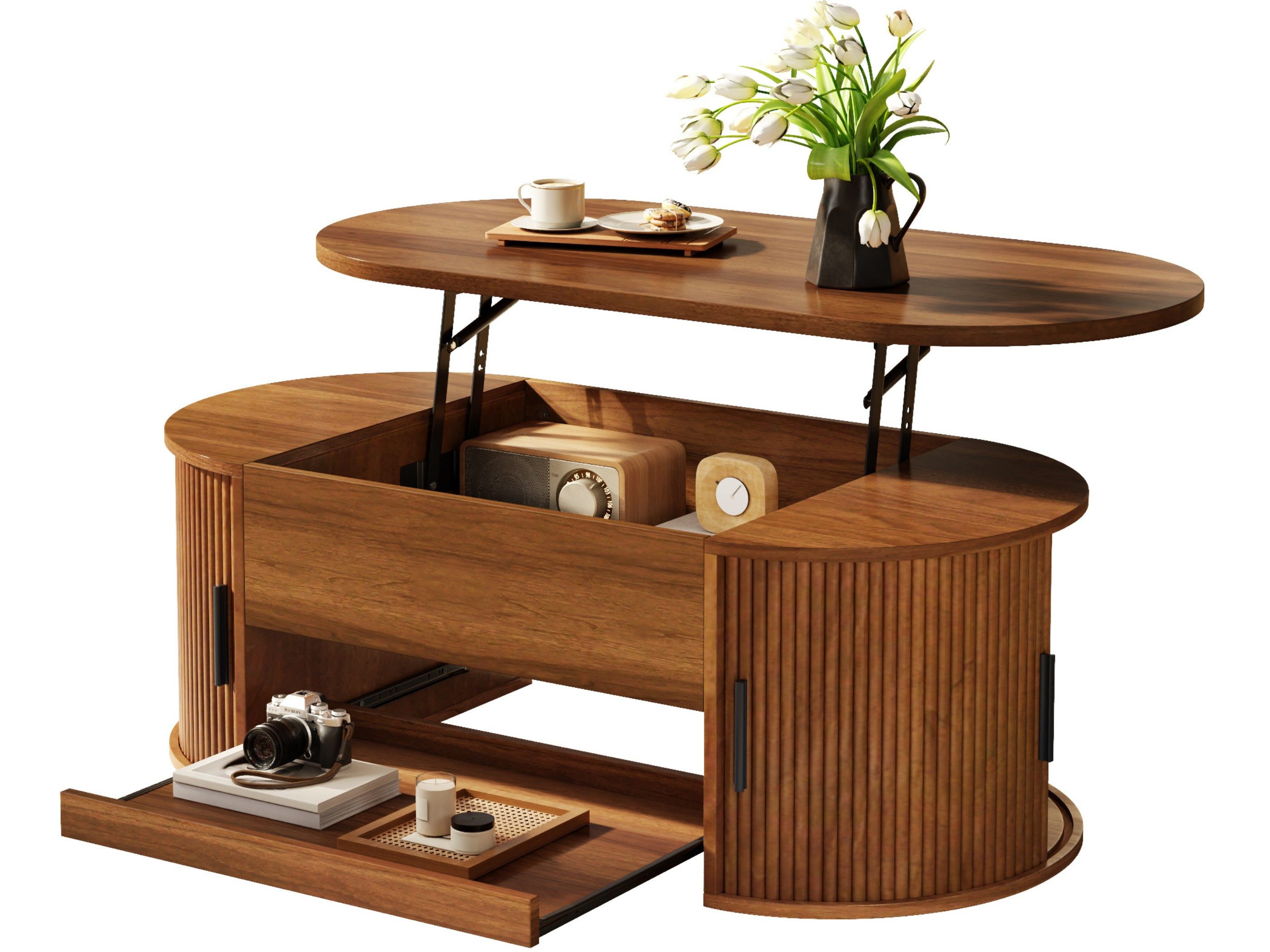 SeedWave Couchtisch Sofatisch mit anhebbarer Tischplatte 38-55 cm und Stauraum (1 Tisch), Ovaler Wohnzimmertisch mit Rillenstruktur und ausziehbarer Ablage