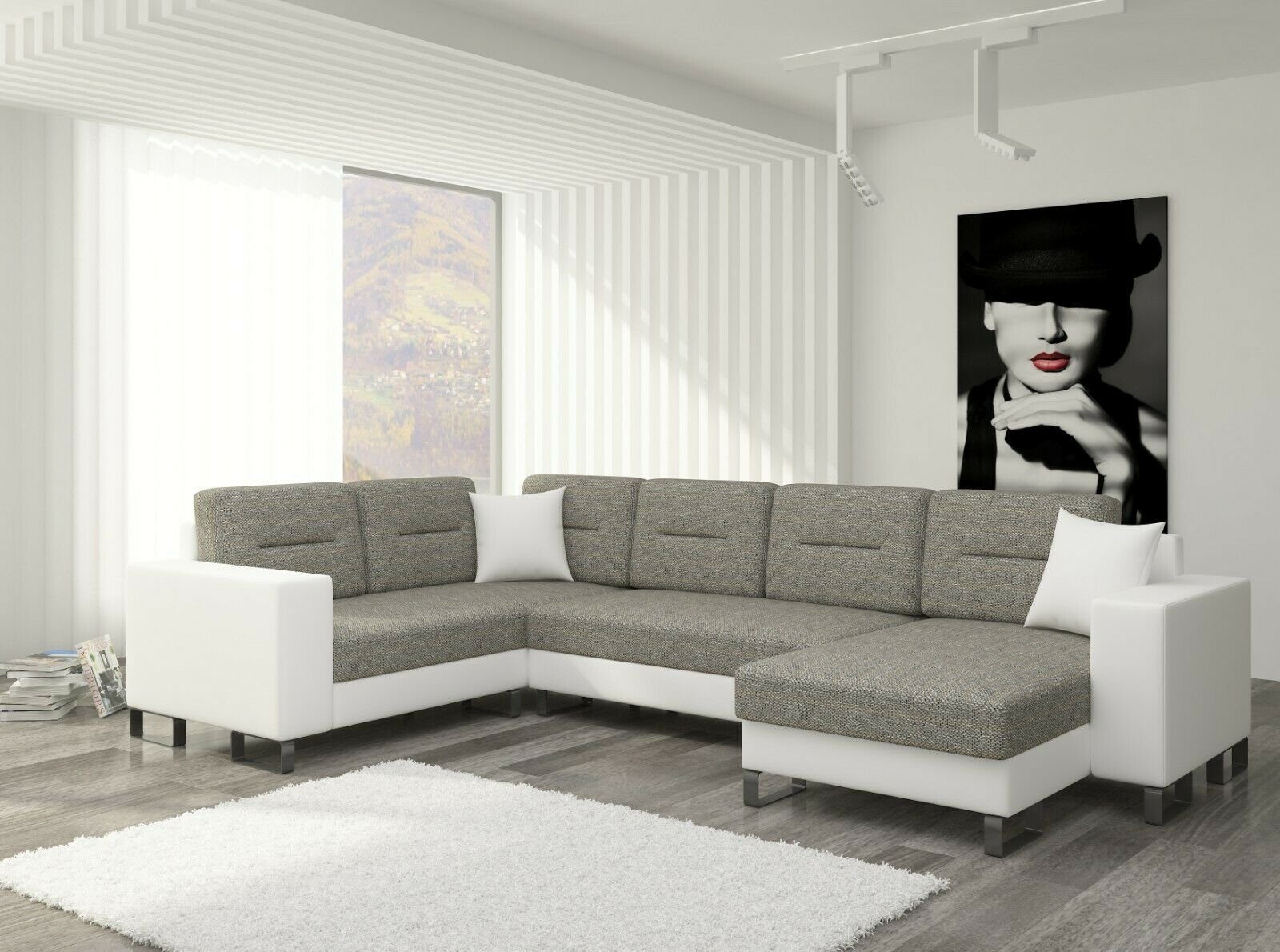 JVmoebel Ecksofa Design Ecksofa Schlafsofa Bettfunktion Couch Leder Polster Textil, Mit Bettfunktion Hellgrau/Weiß