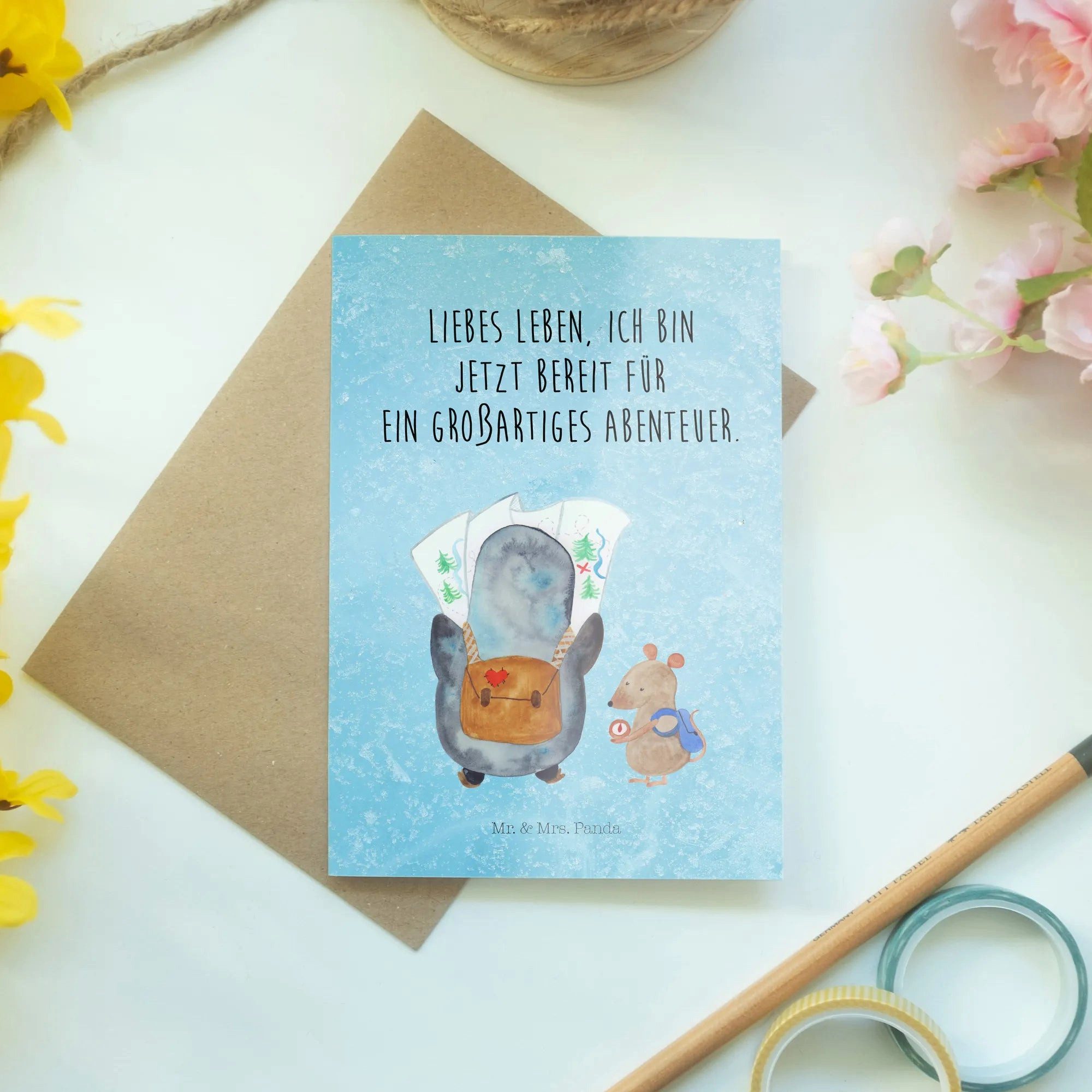 Thumbnail - Mr. & Mrs. Panda Grußkarte Pinguin & Maus Wanderer - Eisblau - Geschenk, Abenteuer, Grußkarte, R, Kreative Designs