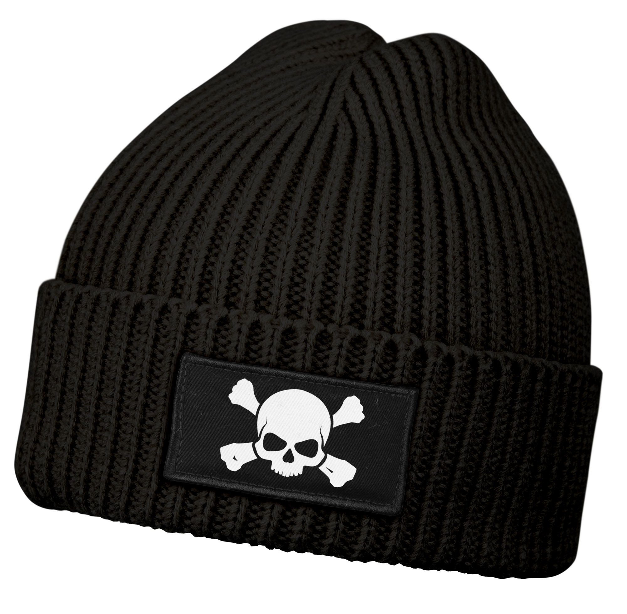 Strickmütze Damen Beanie Wintermütze Patch Totenkopf Skull Aufdruck Print