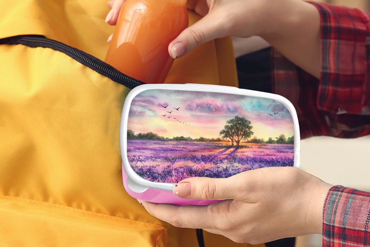 MuchoWow Lunchbox Lavendel - Farbe Erwachsene, Snackbox, Kinder, Lila, Vögel für Kunststoff Kunststoff, Brotdose Mädchen, - rosa (2-tlg), Bäume - Brotbox 