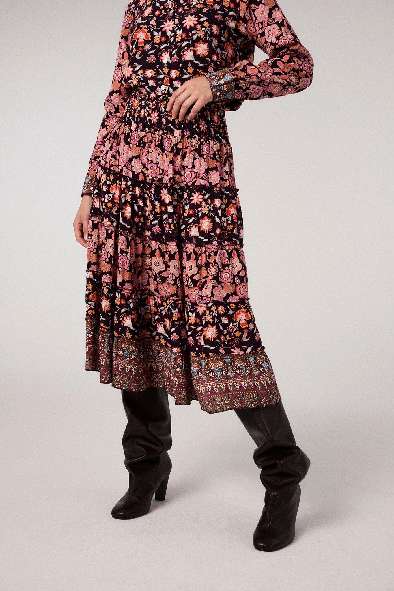 Himalaya Clothing Midirock Rock Damen mit verspieltem Blumenprint - Maxirock aus edler Viskose Fließender Stufenrock mit hohem Tragekomfort