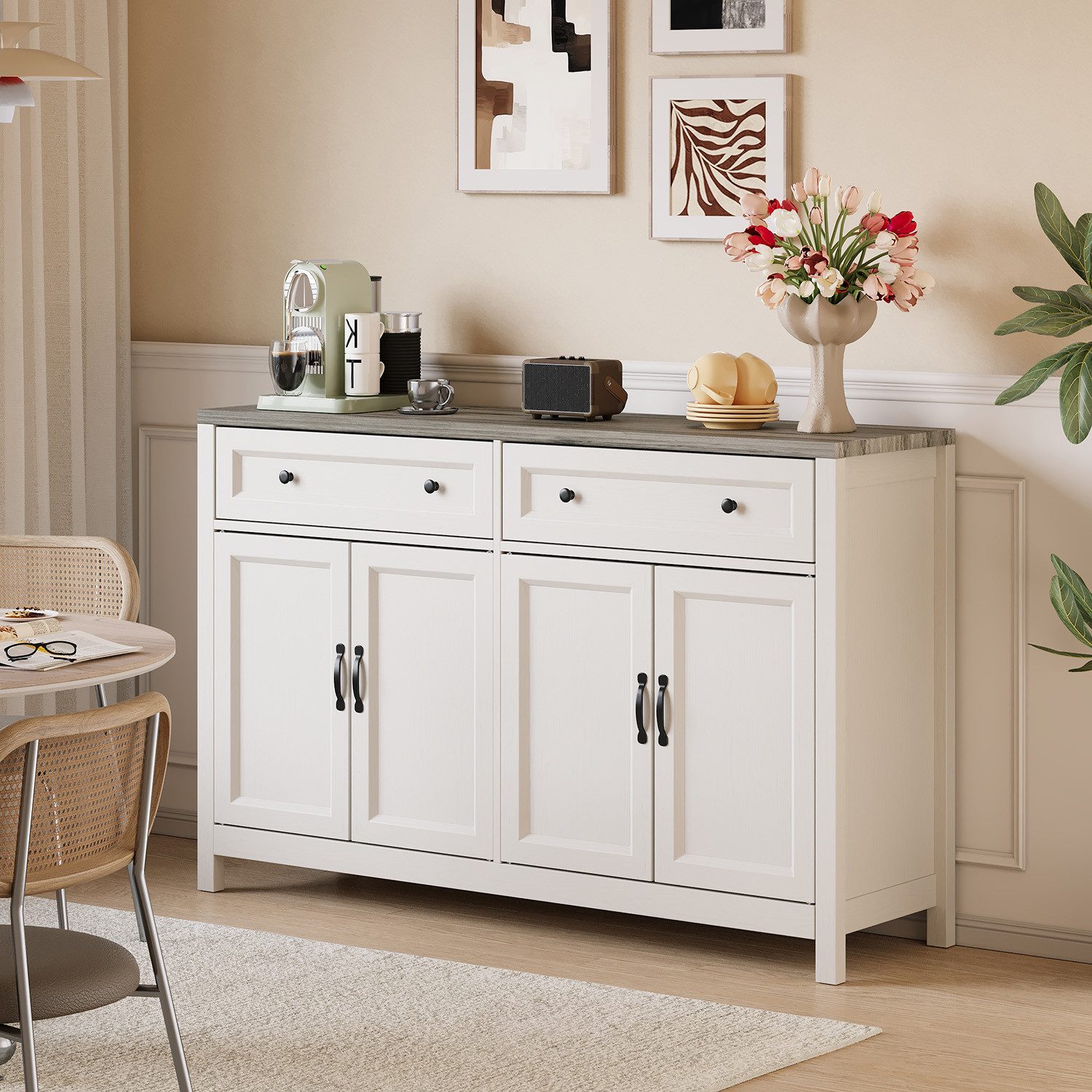 Bealife Sideboard Küchenschrank mit Arbeitsplatten,mit 2 Schubladen 4 Türen,Weiß