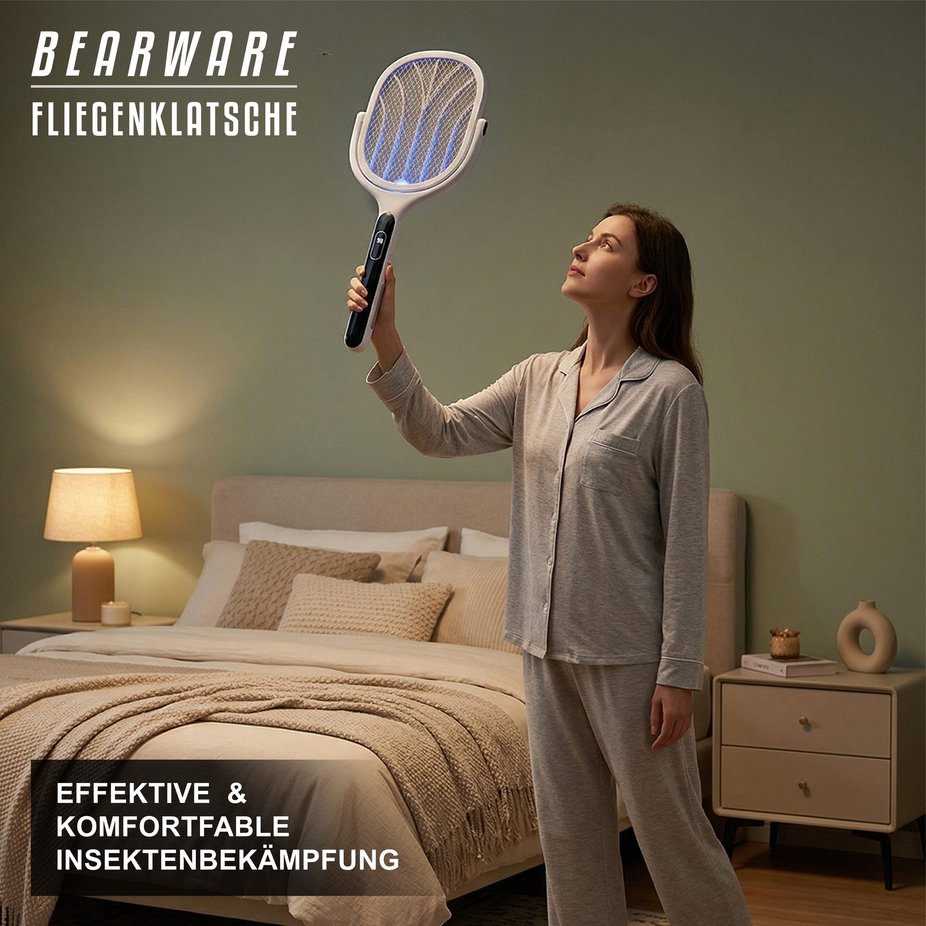 BEARWARE Fliegenklatsche elektrisch, Insektenklatsche mit UV-Falle, Insektenbekämpfung, USB-C, 2700 V Hochspannung, AUTO-Modus, Akku-Display, rotierendes Kopfdesign