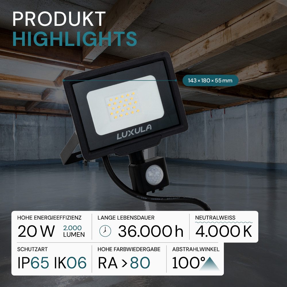 LUXULA LED Flutlichtstrahler LUXULA LED Fluter 20 W 4000 K Neutralweiß Schwarz, LED fest integriert, Neutralweiß