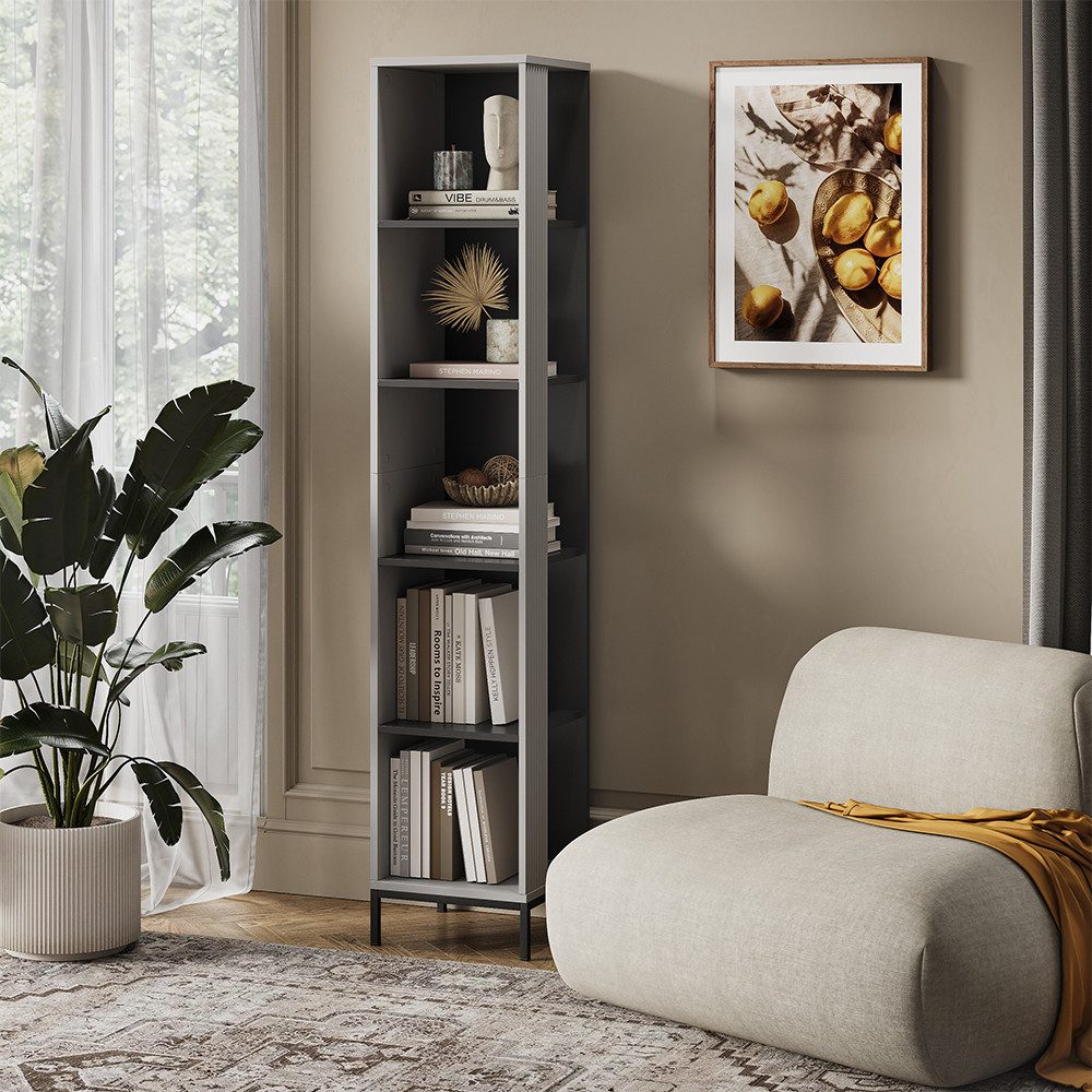 Bücherregal Eliza, Grau, 36 x 188 cm mit 5 Fächern