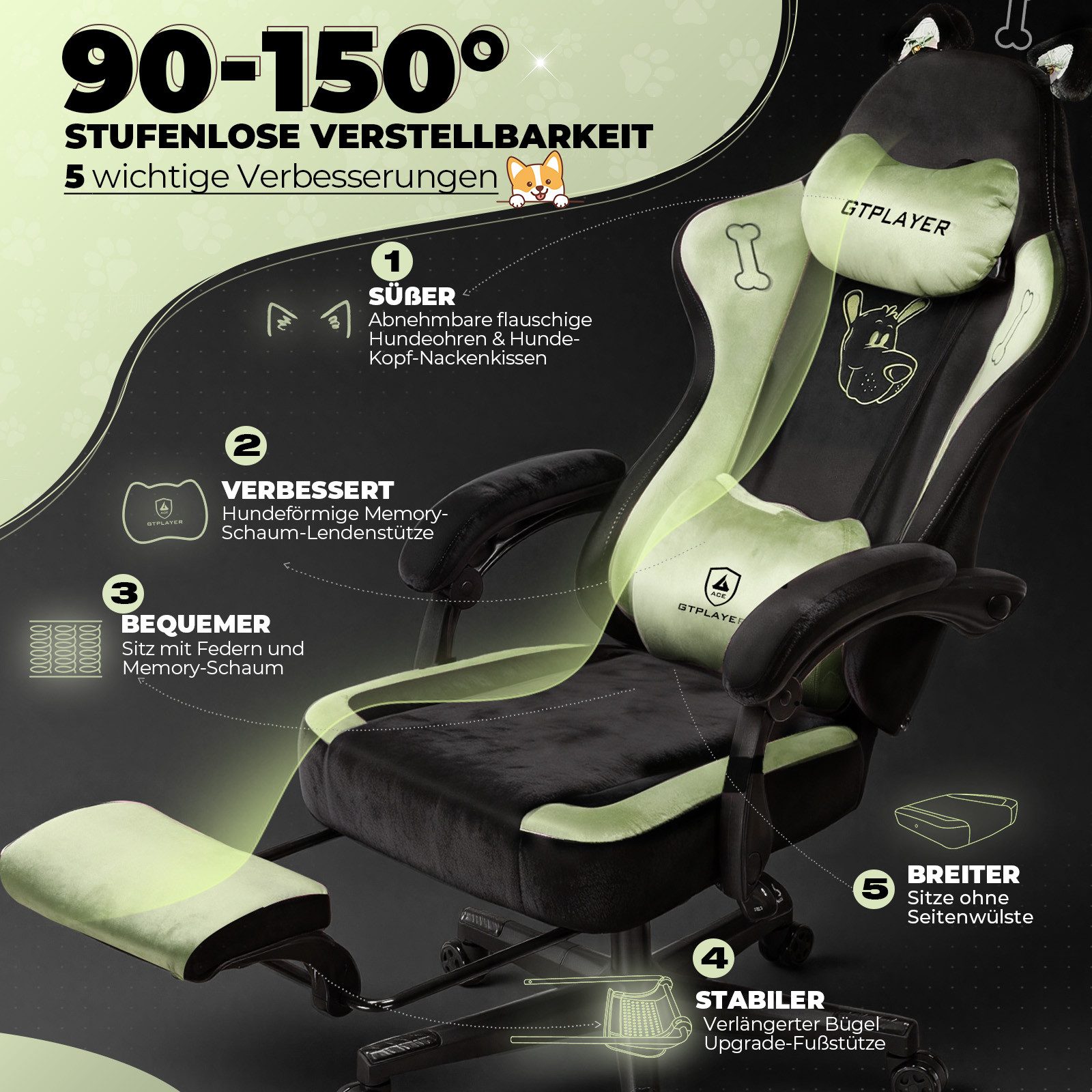 GTPLAYER Gaming-Stuhl Gaming Stuhl mit Samtstoff/Kunstleder, Gaming Chair Bürostuhl, Niedlicher Gamer Stuhl mit Katzenohren Süße Katze Edition – Bild 5 von 5