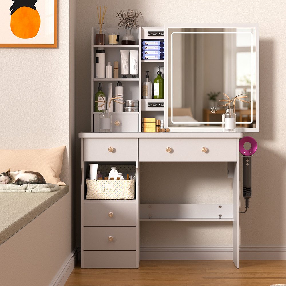 GLIESE Schminktisch mit LED-Beleuchtung, Frisierkommode mit Spiegel, 135x72x40cm (1-St., Frisierkommode), 2 Steckdose + 2 USB, Föhnhalter, Stufenloser Dimmfunktion
