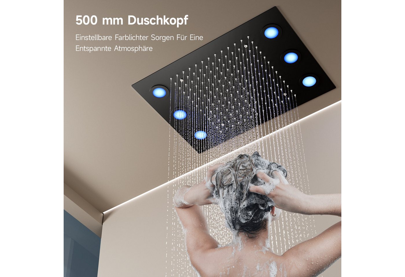 Thumbnail - Oihpaw Duschsystem mit thermostat Multifunktionales Regendusche, 1 tlg., RGB Brauseset, 4 Zoll Seitenstrahl,Handbrause,R...