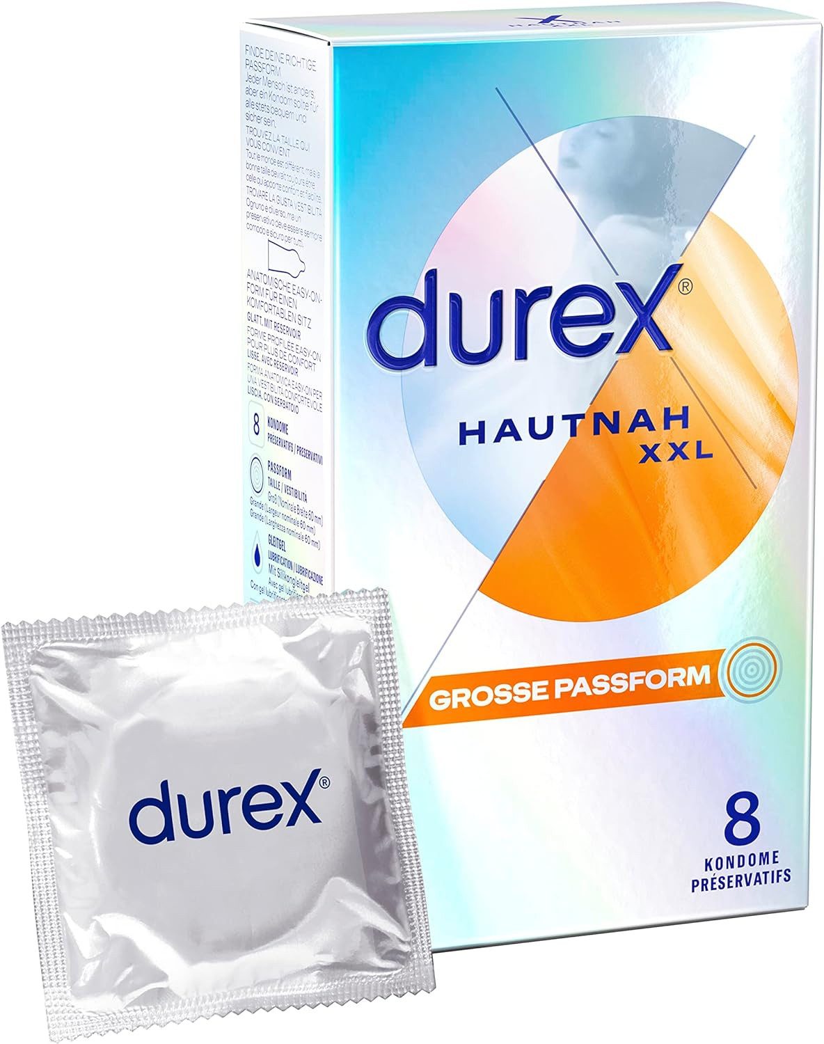 durex Kondome Hautnah XXL - Ultra dünn, mit großer anatomischer Easy-On-Form & Silikongleitgel befeuchtet, 8 St.