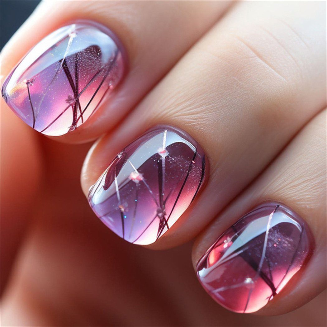 DAYUT Kunstfingernägel Glänzende lila Ombre kurze quadratische künstliche Nägel, 1-tlg.