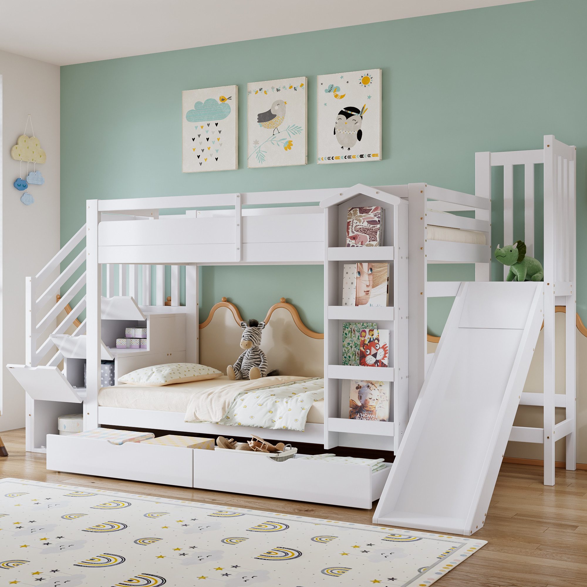 REDOM Etagenbett mit Rutsche, Bilderbuchregal (mit Treppenaufbewahrung und zwei Rollschubladen, Kinderbett Funktionsbett, 90x200cm), ohne Matratze