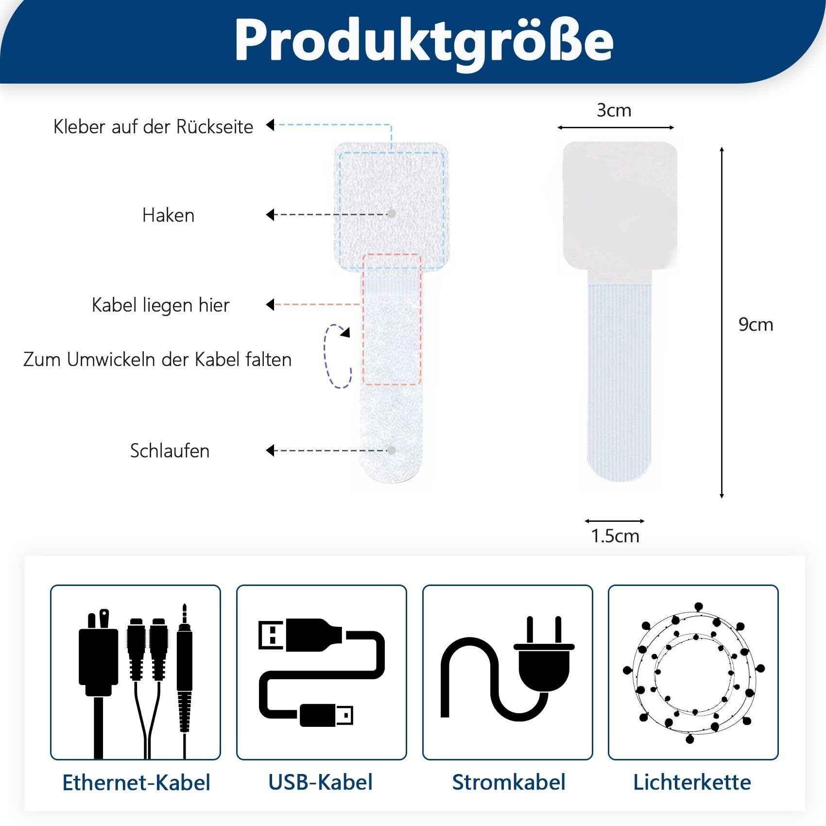 FOUORTUNATE-BEE Kabelbinder 50er Set Kabelmanagement Clips & Klettbänder selbstklebend Kabelhalter für Schreibtisch, TV, Computer & Lichterketten