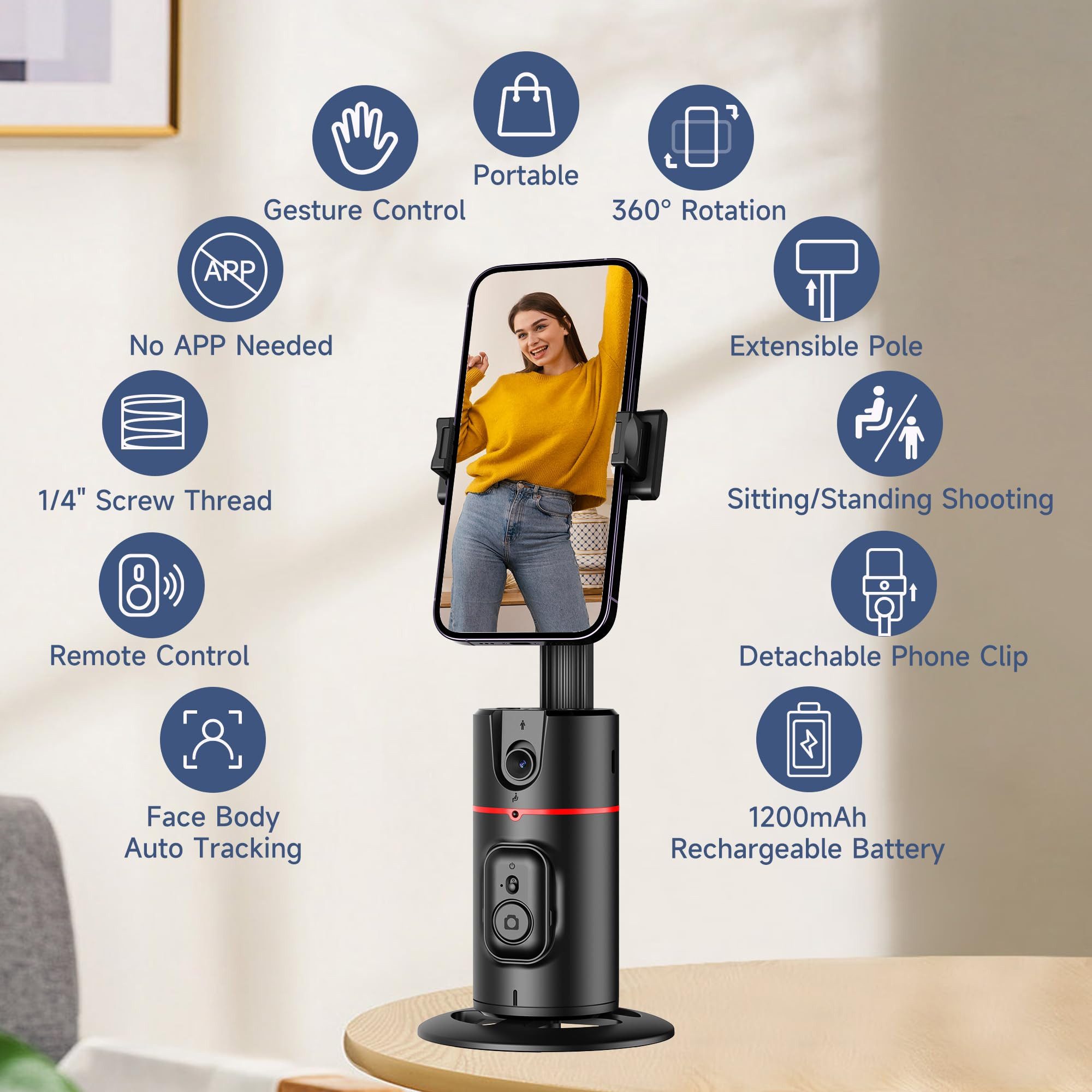 MOPUEA Automatisches Gesichtserkennungs-Stativ 360° Drehbare Gestensteuerung Selfiestick (360° Tracking Gestensteuerung Appfrei Akku Fernbedienung)