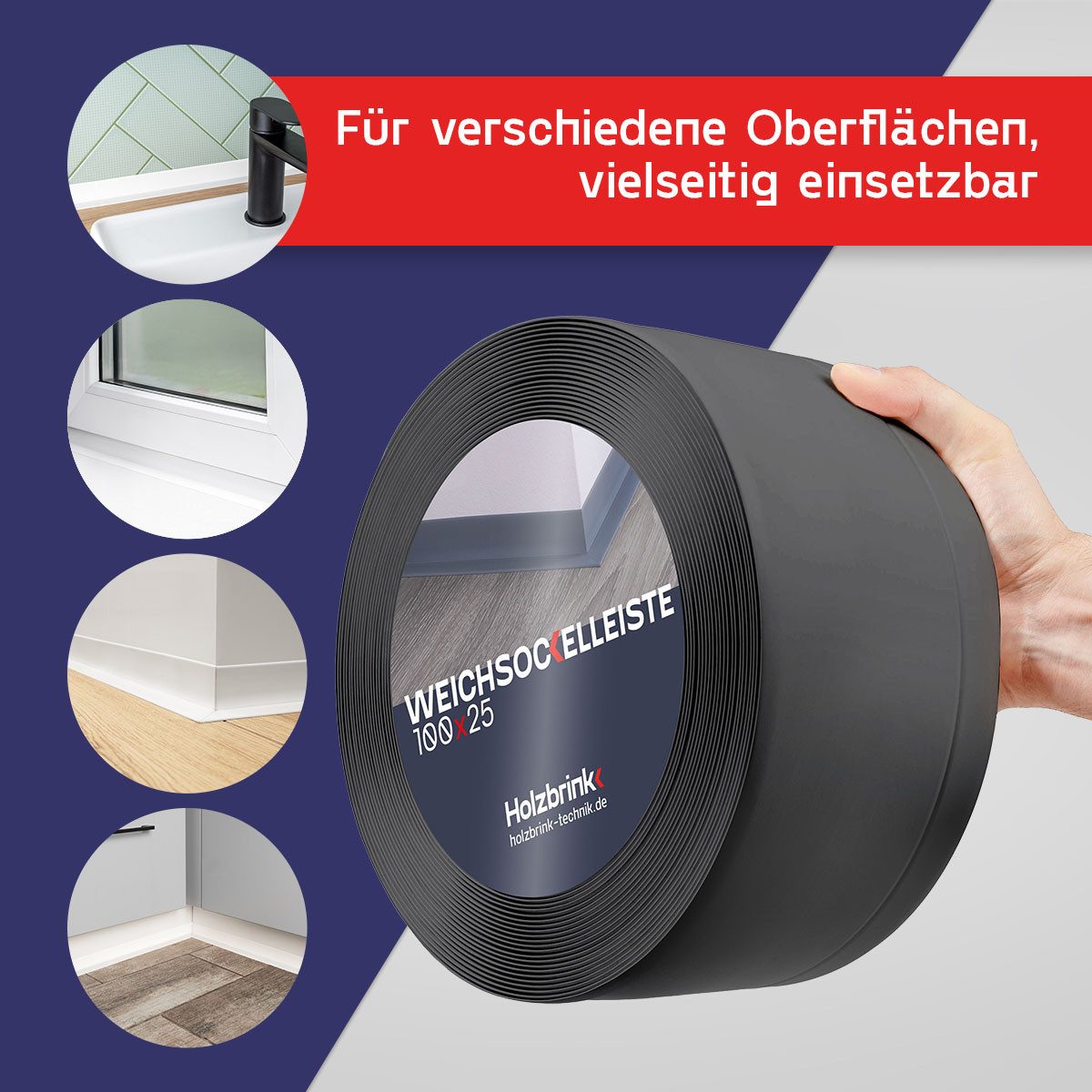 HOLZBRINK Sockelleiste PVC Weichsockelleiste selbstklebend 100x25mm Graphitgrau, L: 500 cm, 5m Rolle, Küchenabschlussleiste Arbeitsplatte, Fensterleiste, Fensterabdichtung