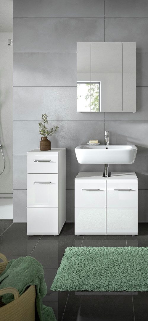 xonox.home Badmöbel-Set Bad Set Ice 5, 3-teilig, weiß / weiß Hochglanz, ohne Aufsatzleuchte, (3-St), Badmöbel, Badkombination