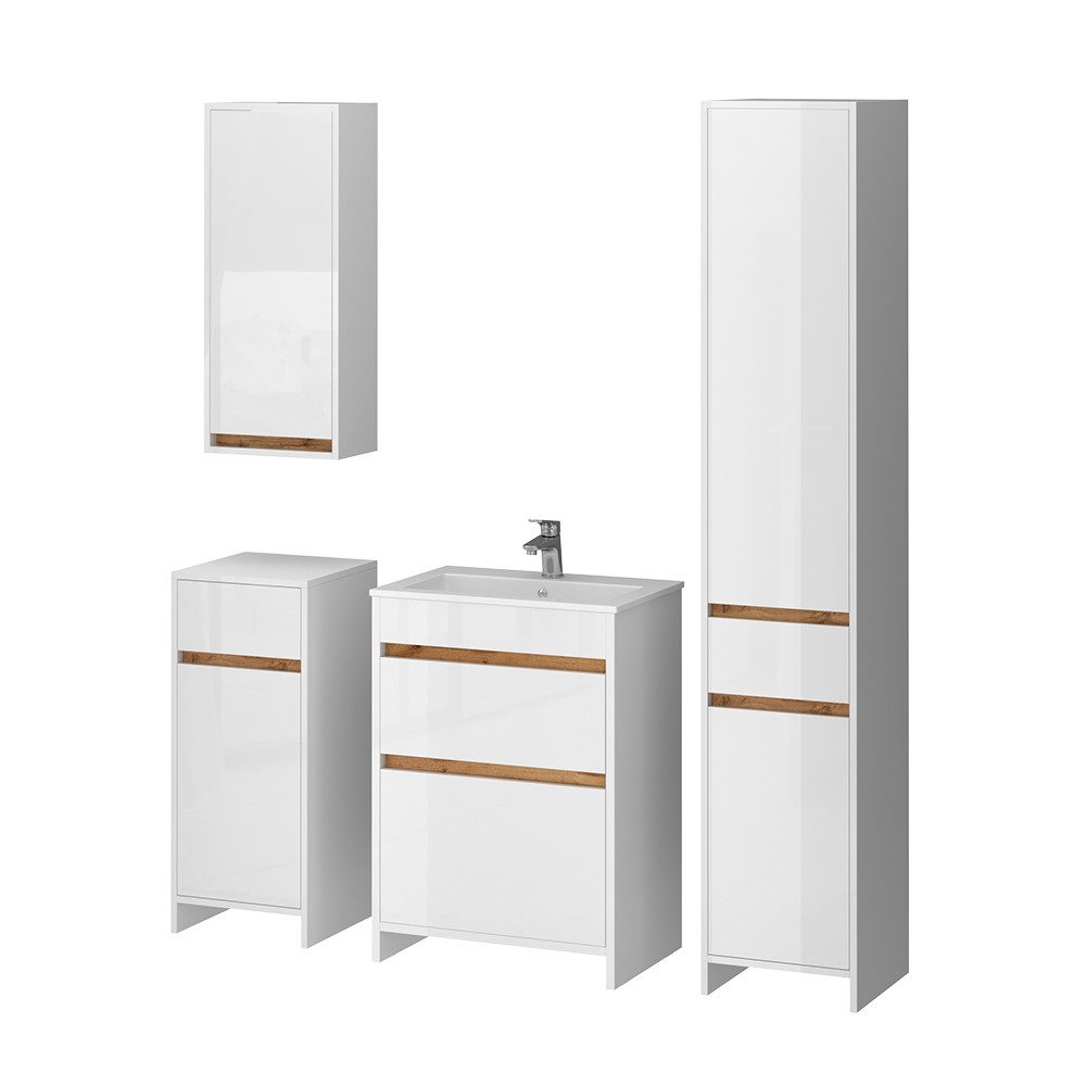 Badmöbel-Set Detmold, Weiß Hochglanz/Goldkraft Eiche, 5er-Set