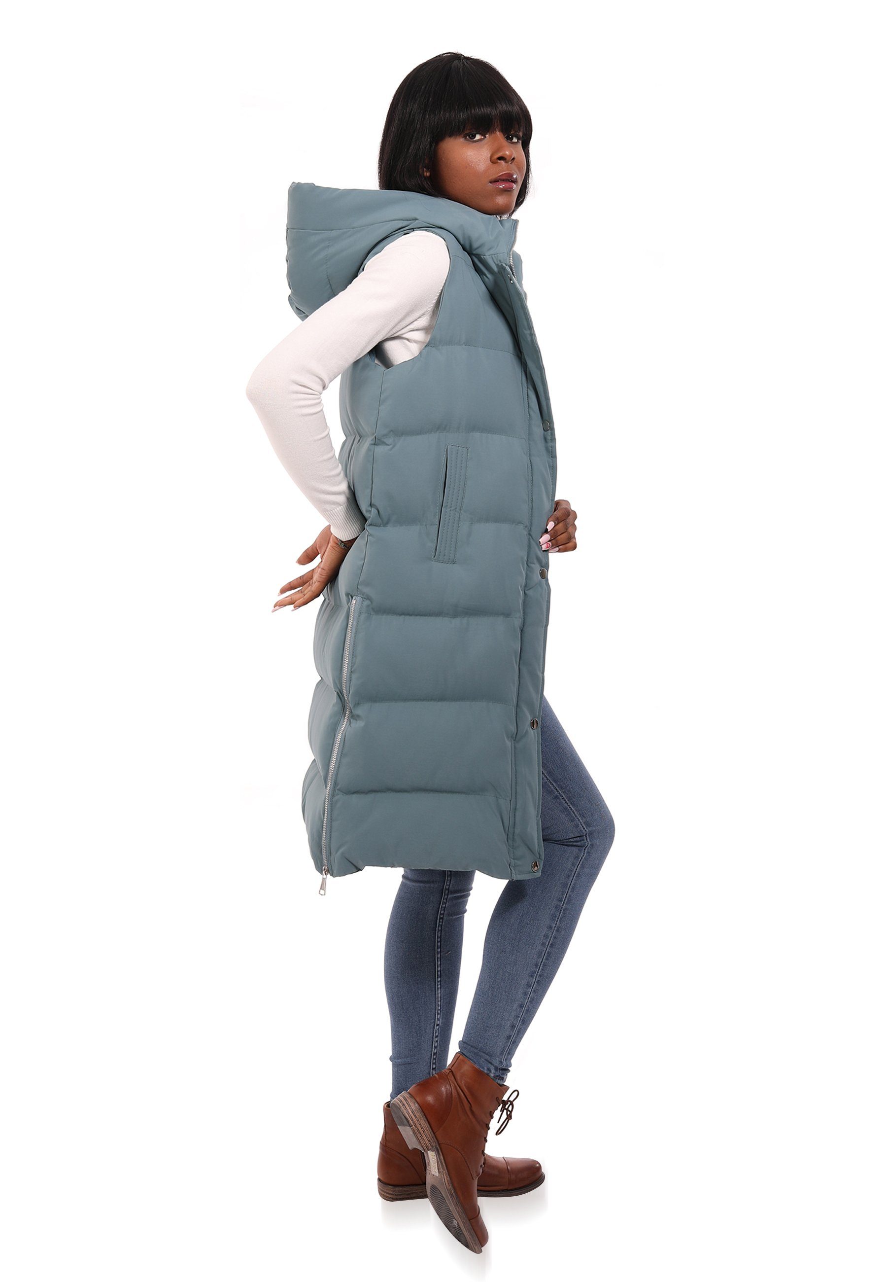 YC Fashion & Style Longweste Steppweste mit Kapuze in sportivem Look (Kein Set, 1 -tlg) in Unifarbe