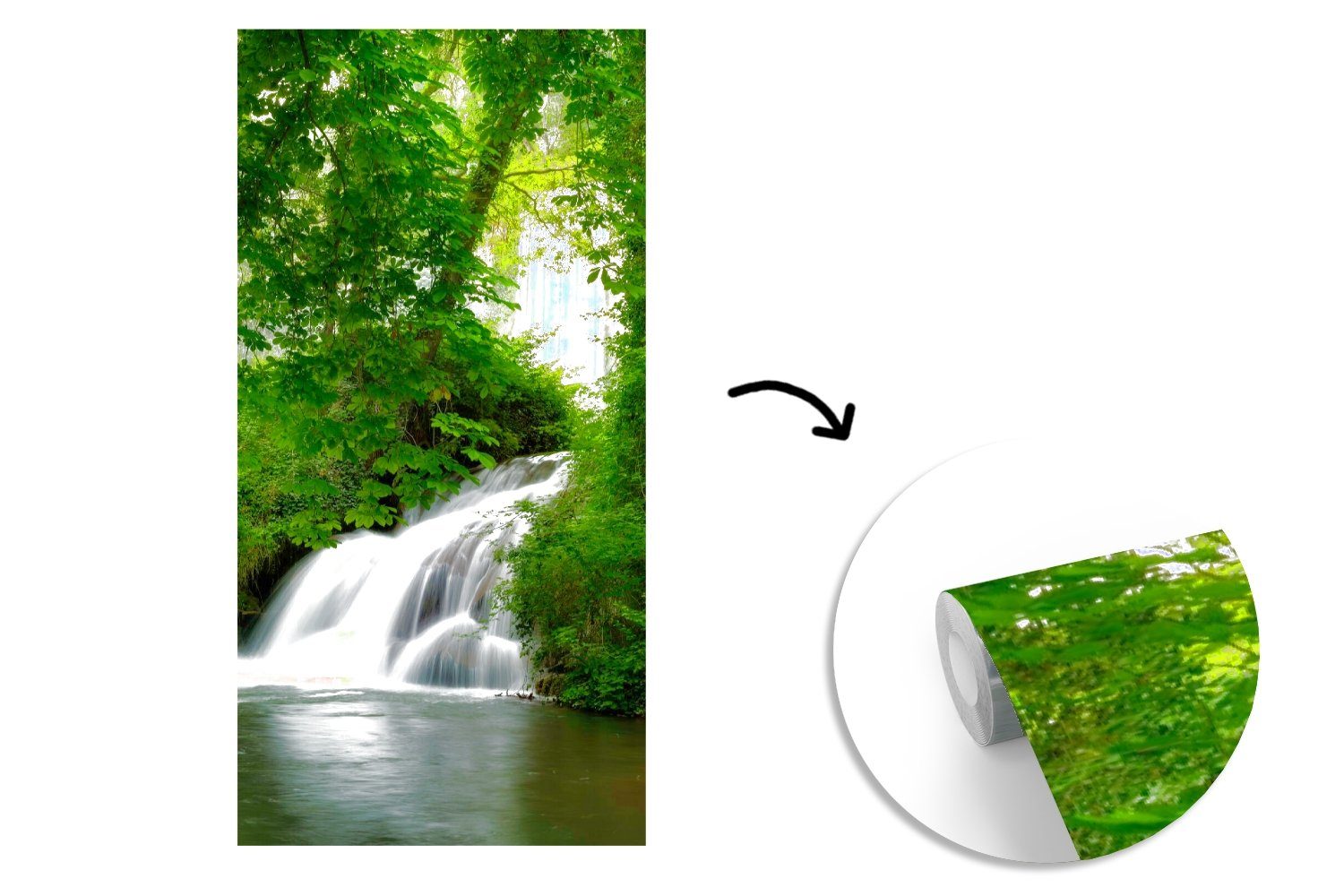 MuchoWow Fototapete Wasserfall - Natur für Vliestapete Matt, bedruckt, Fototapete Küche, Wohnzimmer St), Grün, - Schlafzimmer (2