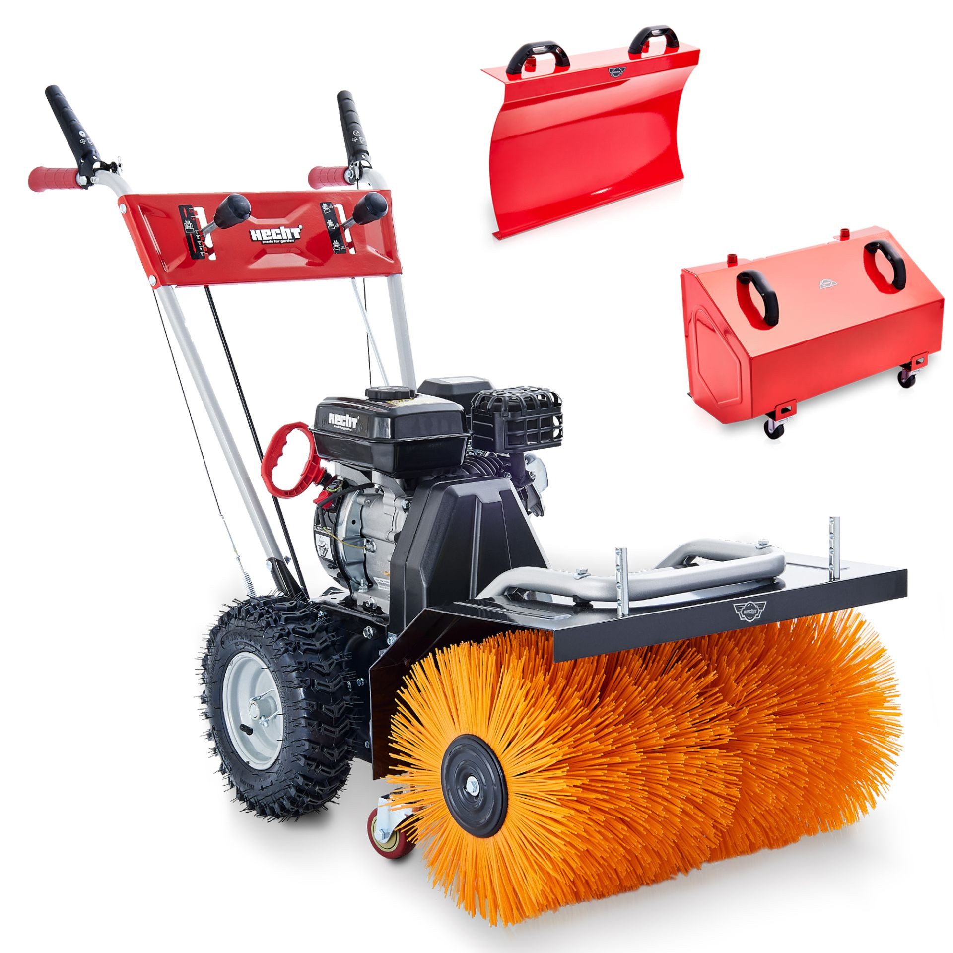 Hecht Benzin-Kehrmaschine 8615 mit Schneeschild, Auffangbox, 60 cm Arbeitsbreite, (3-tlg), 5,5 PS, mit ÖL, höhenverstellbare Bürste, 7 Gänge