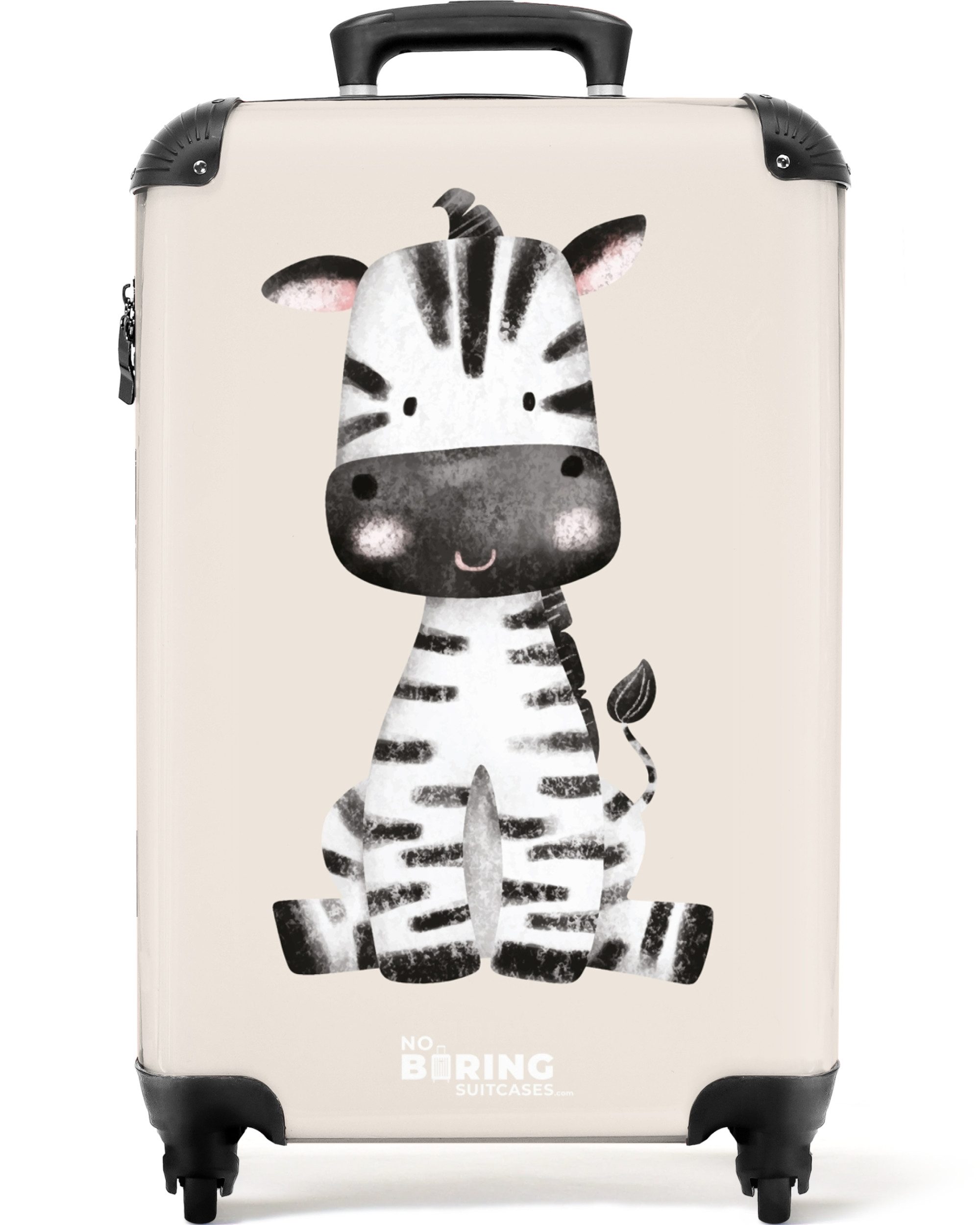 NoBoringSuitcases.com© Kinderkoffer Baby - Zebra Portraitzeichnung mit beigem Hintergrund 55x35x20cm, 4 Rollen, Kinder Koffer Klein, Trolley Handgepäck, Reisekoffer