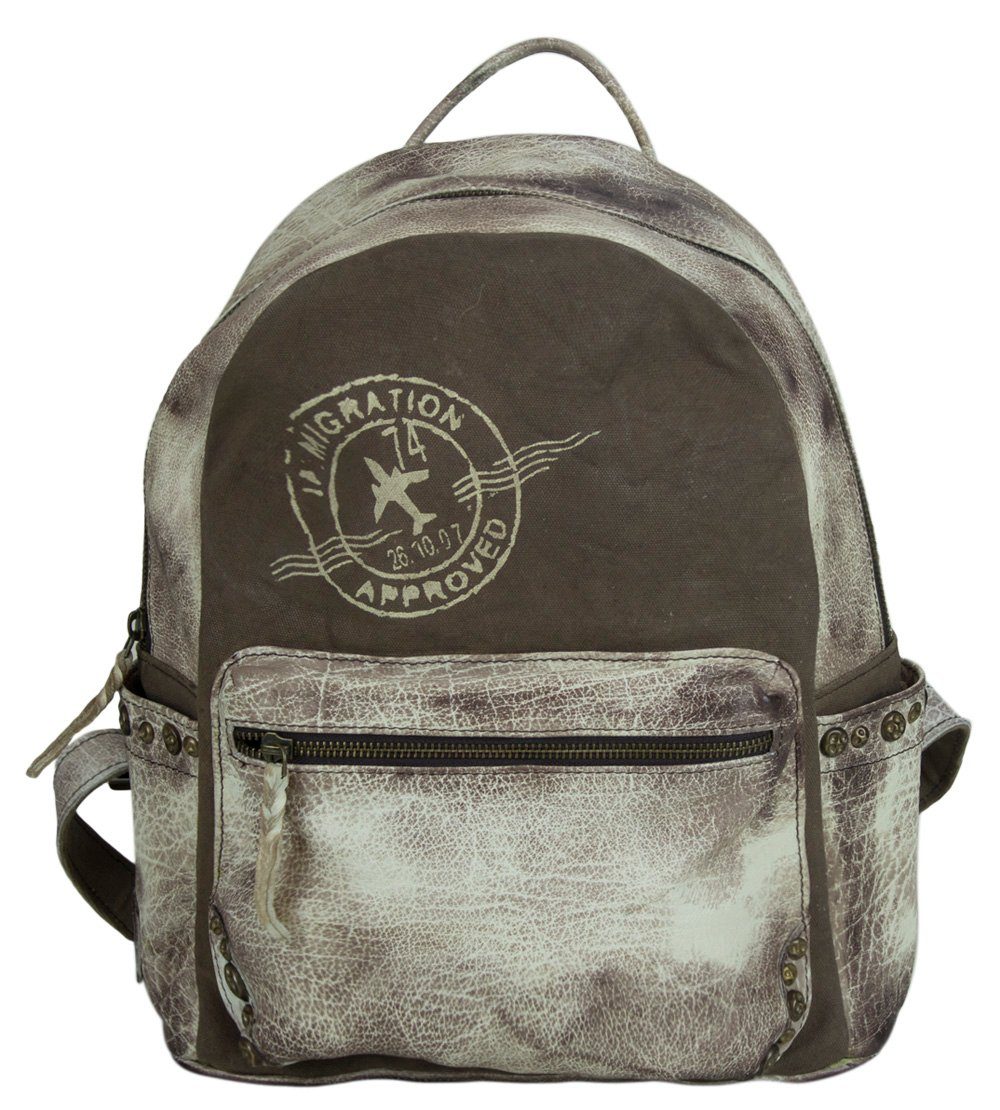 Sunsa Cityrucksack Rucksack, Backpack aus Stone wash Leder und Canvas in Retro Still. Schöne Daypack Tasche für Sie/ Ihn, Echte Leder mit Stone wash Canvas, Vintage Aufdruck