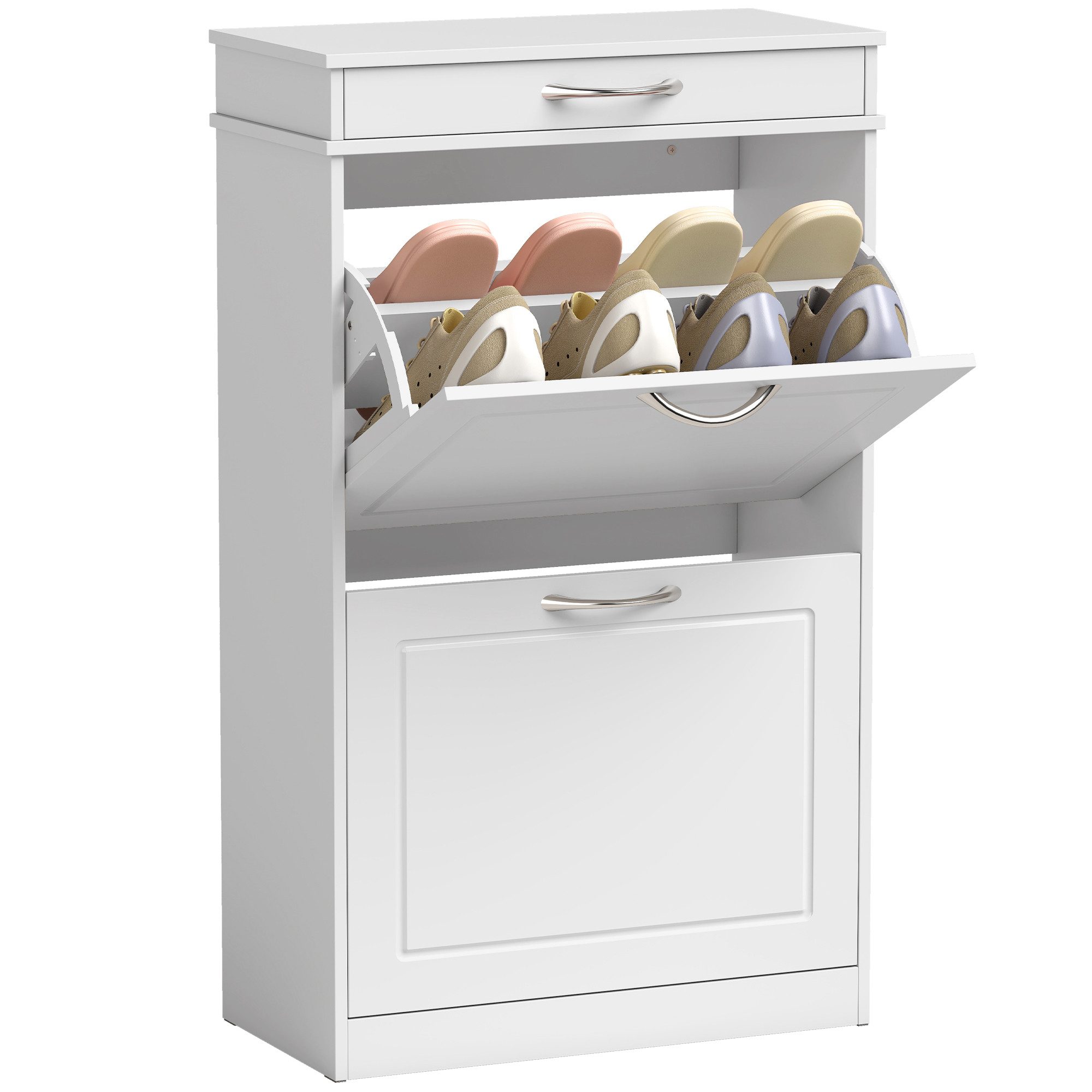 HOMCOM Schuhkipper Schuhschrank Schuhregal mit 2 Klappen für 8 Paar Schuhe (Schuhaufbewahrung, 1 St., 1), für Flur Eingang Wohnzimmer, 53 x 26,5 x 89 cm, Weiß