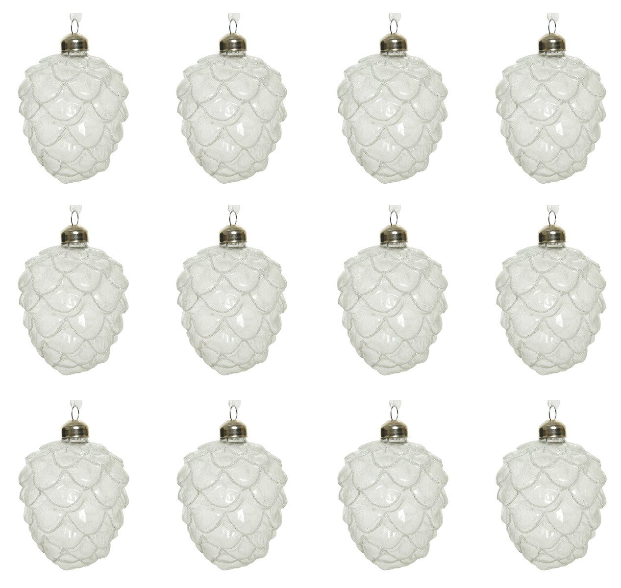Kaemingk Christbaumschmuck, Christbaumschmuck Zapfen Glas 10cm 12er Set weiß / klar gefrostet