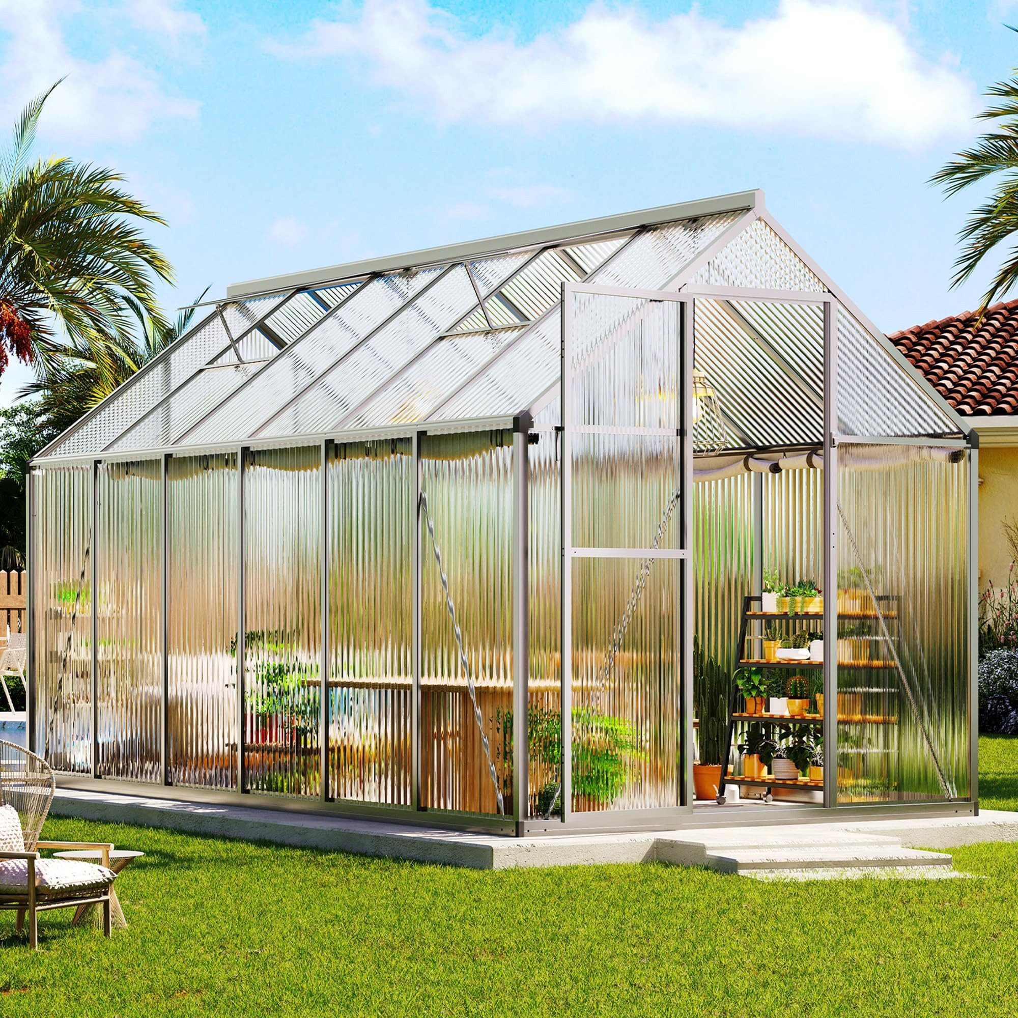 AMERLIFE Gewächshaus mit Schnellmontage & Aluminiumrahmen, 2 Belüftungsfenster, BxTxH: 362.5 x 181 x 195 cm, 181×362,5×195 cm, 12 m³ Volumen, UV-beständig & wetterfest