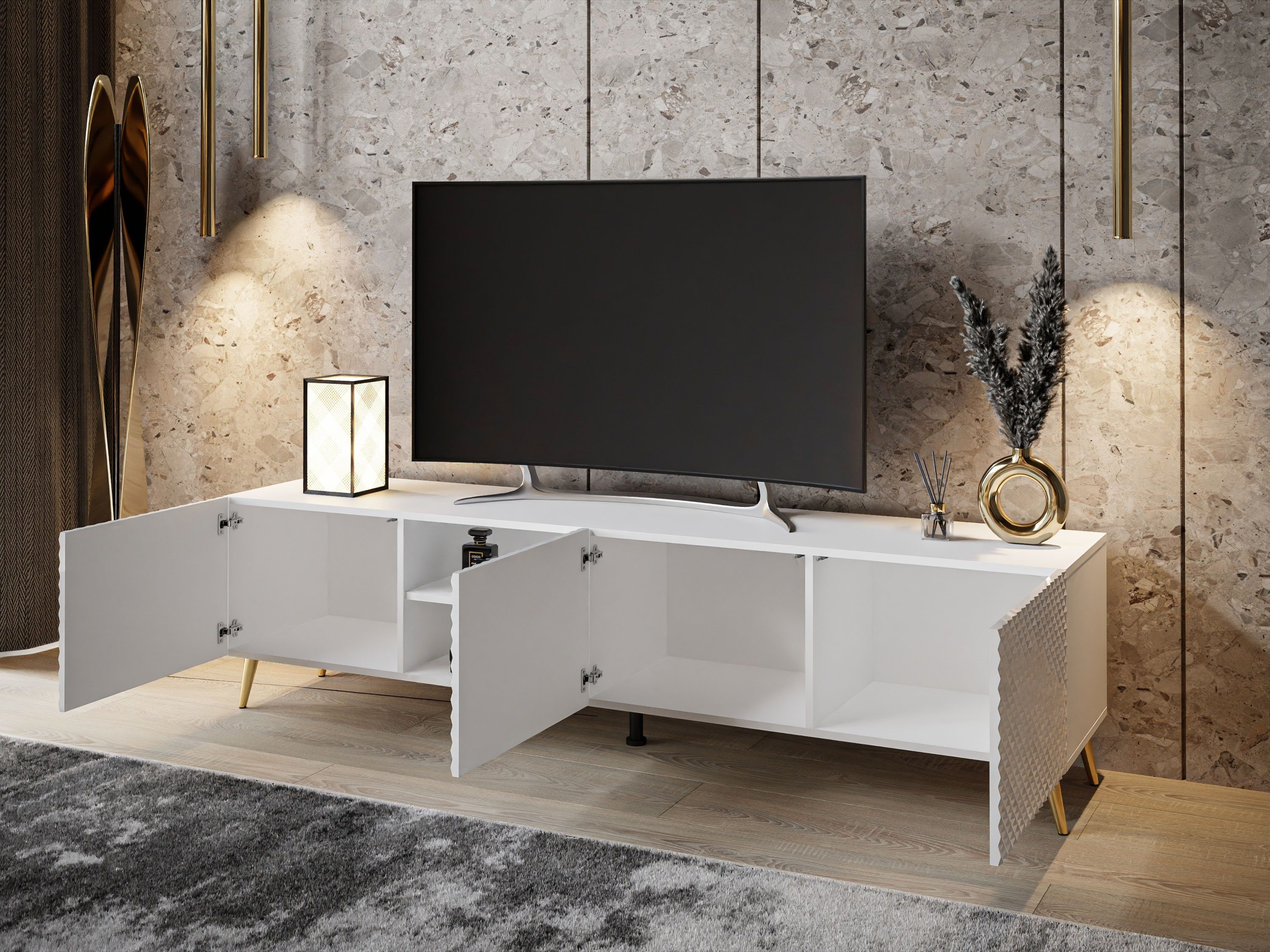 ALLHOUSE24 Lowboard PALERMO Sideboard Hochglanz gefräst, Metallfüße in 3 Farben, Breite 195 cm