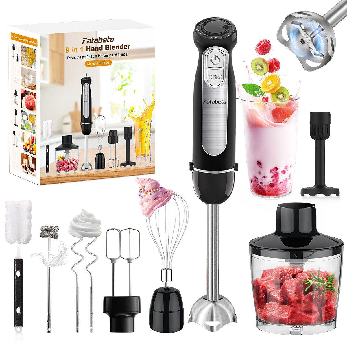 7MAGIC Stabmixer Elektrischer Stabmixer Set 5 in 1 Pürierstab Edelstahl Handmixer, 1100,00 W, Stabmixer Variable Geschwindigkeiten für Babynahrung, Suppe, Smoothie