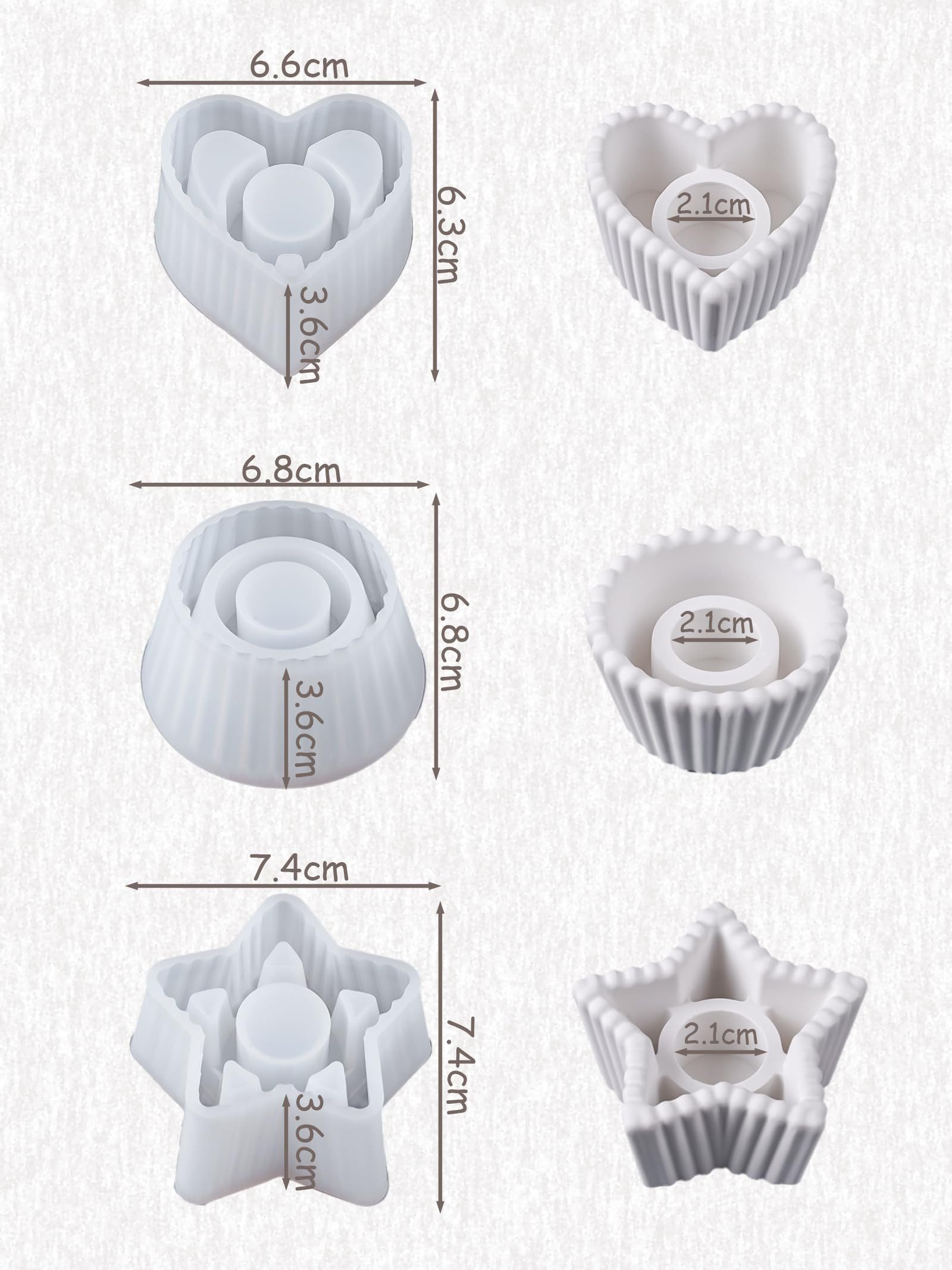 FOUORTUNATE-BEE Modellierwerkzeug Silikon Kerzenhalter Formen Set, 3-teilig, Stern Herz Rund, Kerzenformen aus Silikon für Stabkerzen & Deko