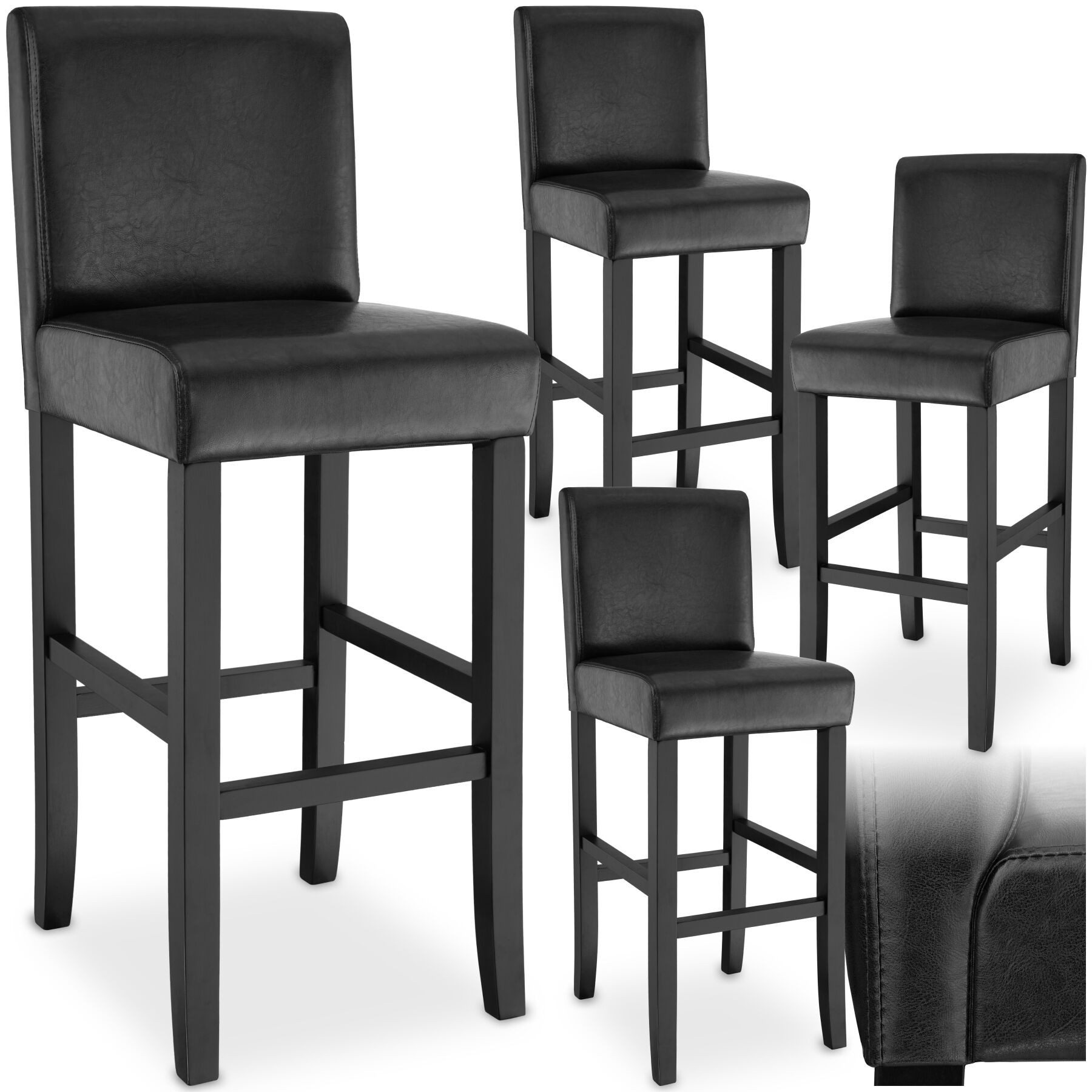 tectake Barhocker Bistrostuhl, Sitzhöhe gepolstert mit Rückenlehne, 76 cm (Barstuhl, in schwarz), Bezug aus Kunstleder, Stuhlbeine aus Massivholz, mit Fußstützen