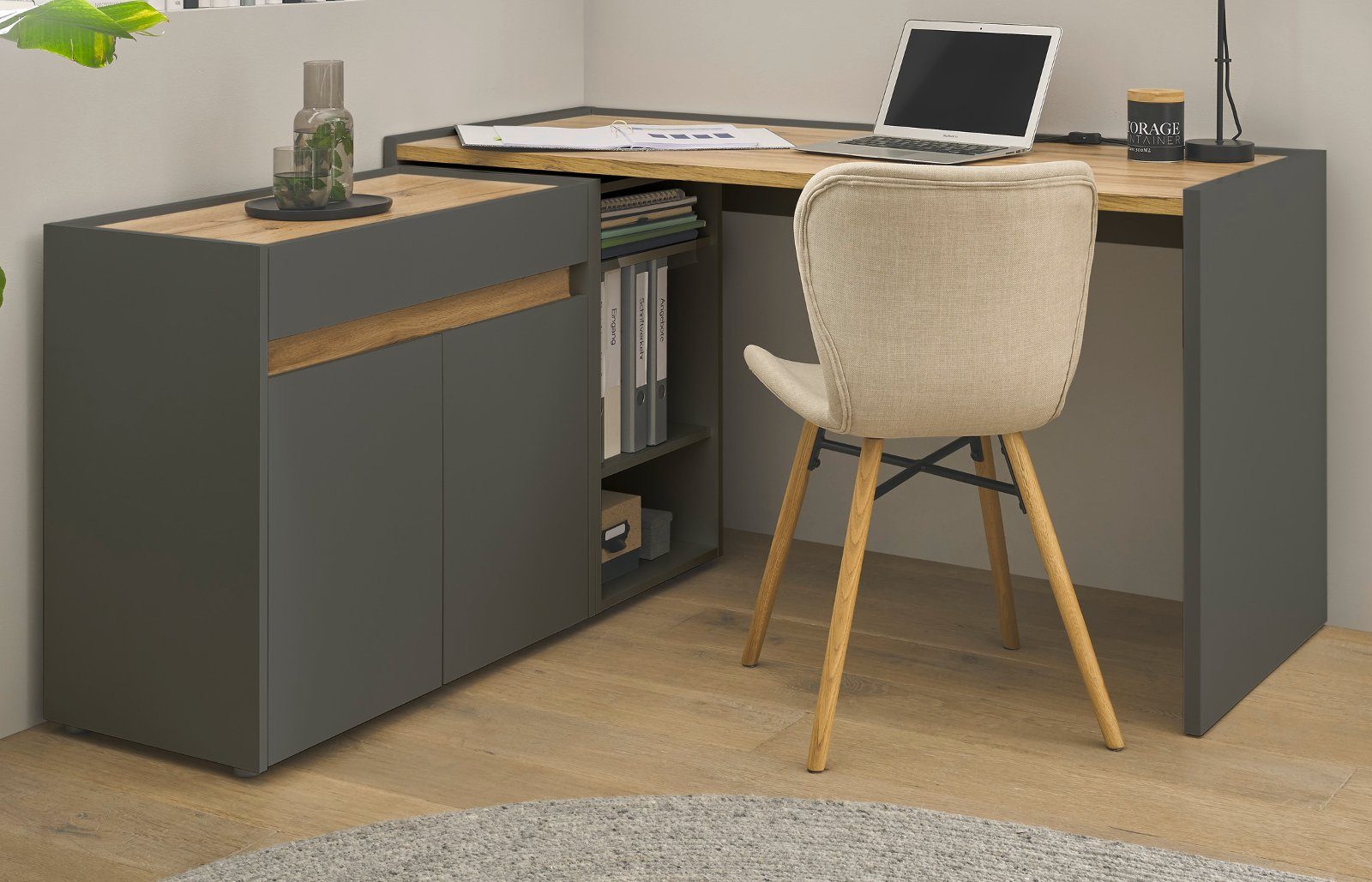 Furn.Design Schreibtisch Center (in matt grau mit Wotan Eiche, mit Container und Kommode), viel Stauraum