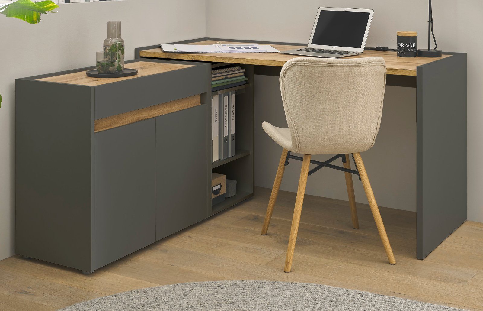 Furn.Design Schreibtisch Center (Set 3-teilig inklusive Container und Kommode, Grau mit Wotan Eiche), viel Stauraum