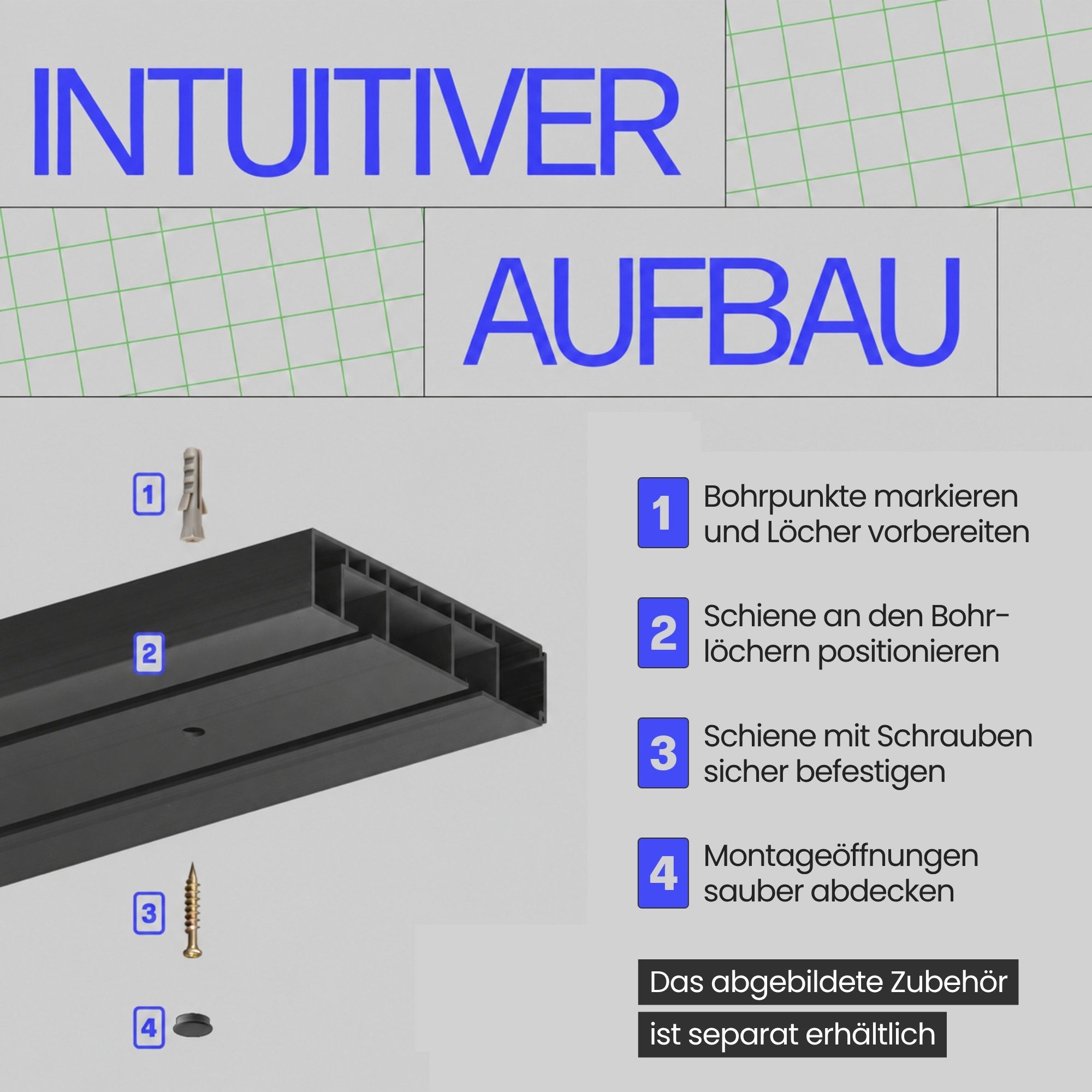 Bestlivings Gardinenschiene Innenlauf, 2-läufig, Bohren, verschraubt, Kunststoff, robust, langlebig, modular erweiterbar, ruhiger Innenlauf, Made in EU – Bild 3 von 5