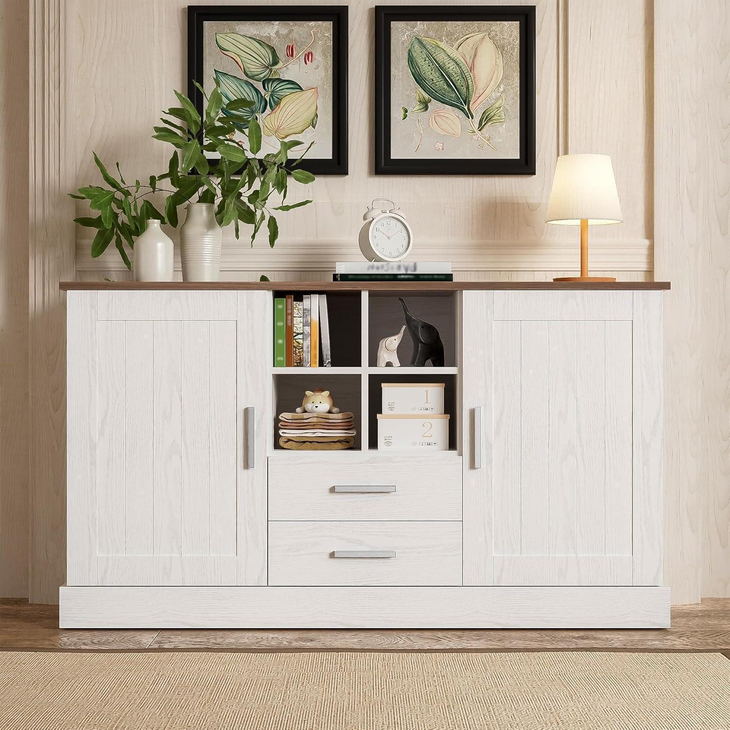 LuxusKollektion Sideboard Kommode Sideboard 4 Regale 2 Schubladen Holzplatte style-B Weiß