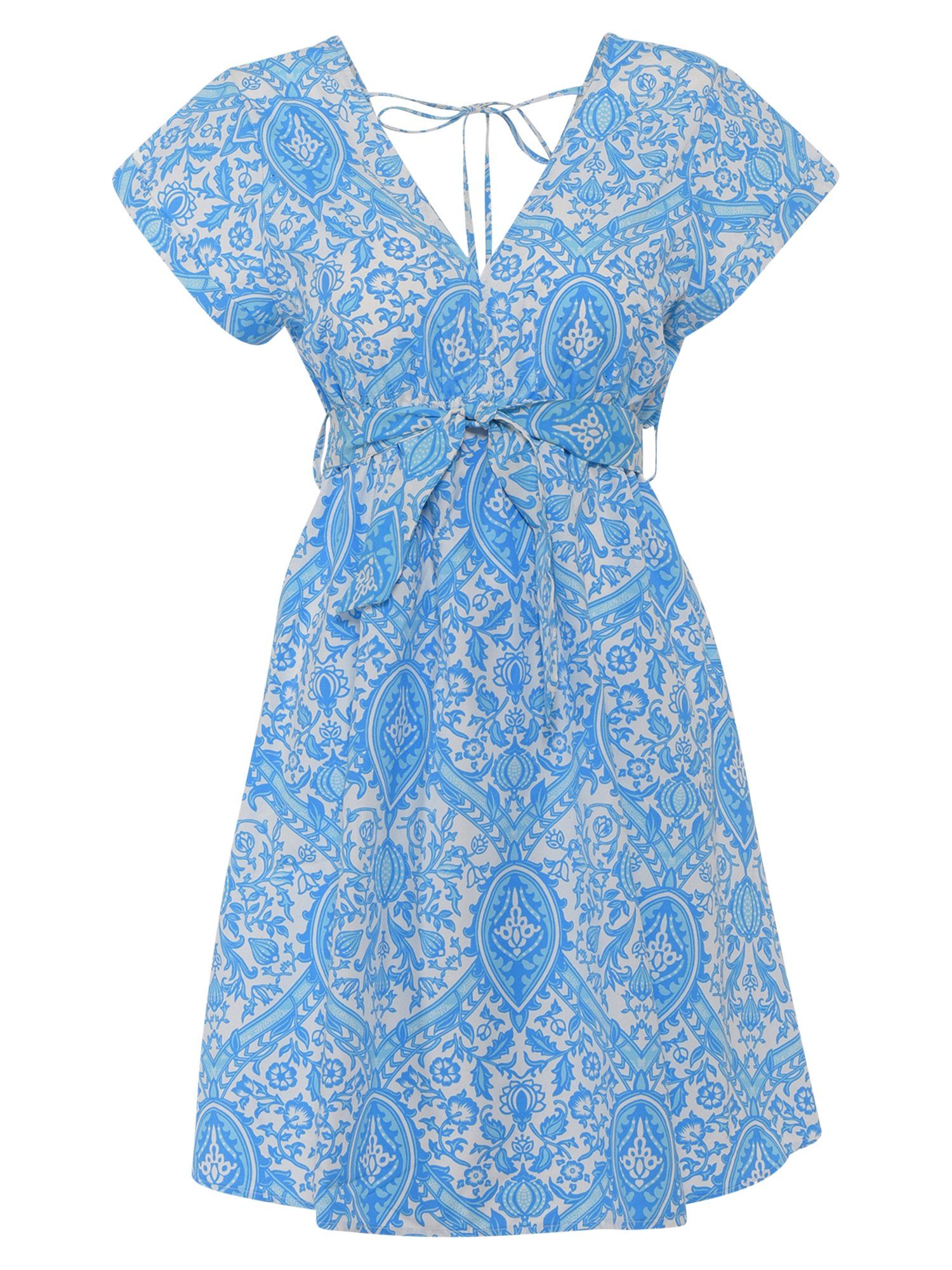 Freshlions Minikleid blau Gemustertes Kleid Taillentunnelzug Sonstige
