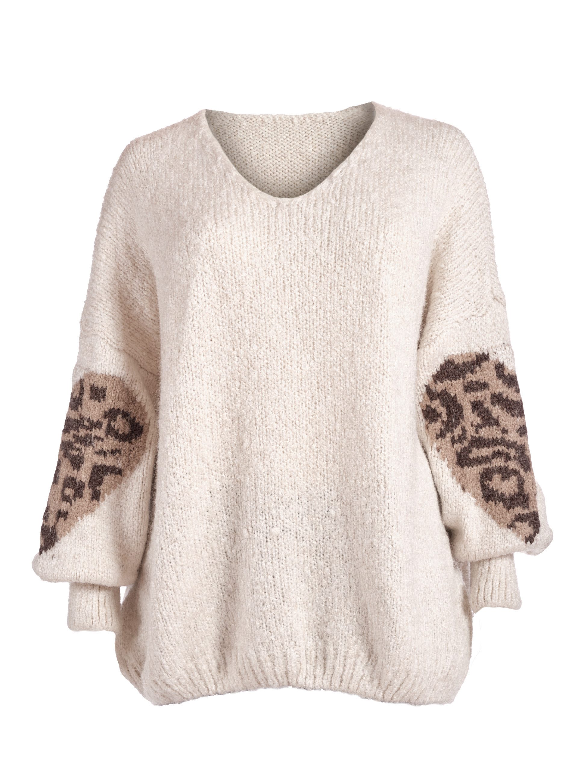 PEKIVESSA Strickpullover Oversized Pullover mit V-Ausschnitt Ärmel mit Herz-Motiv und Leopardenmuster