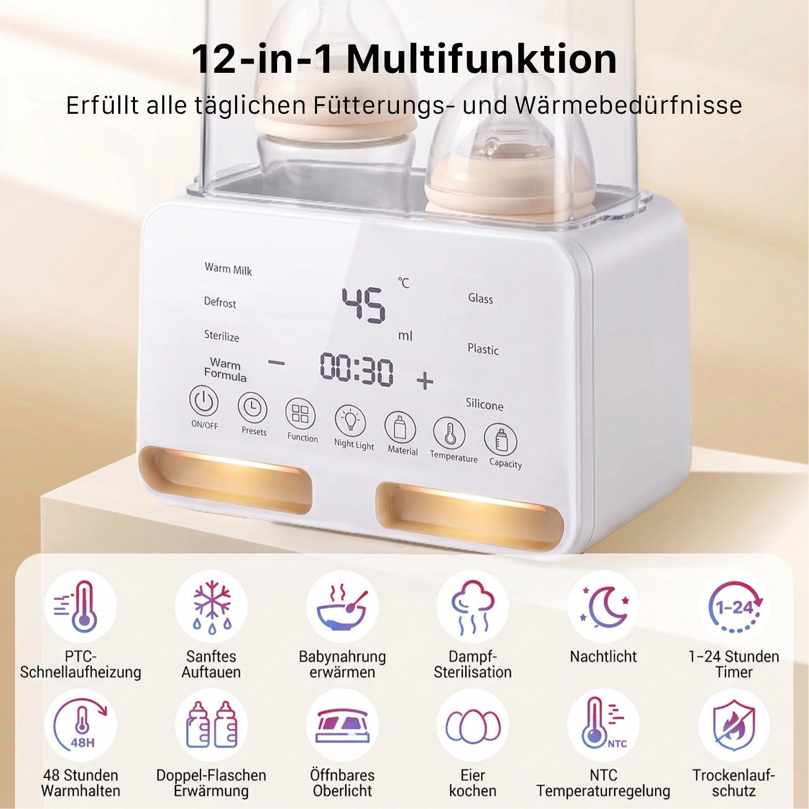 SWGOTA Babyflaschenwärmer 2026 Neuer 12-in-1 Babyflaschenwärmer Sterilisator 2 Flaschen BPA-frei, Für 30–300 ml,PTC-Schnellheizung,48H Warmhalten,Nachtlicht,1–24H Timer