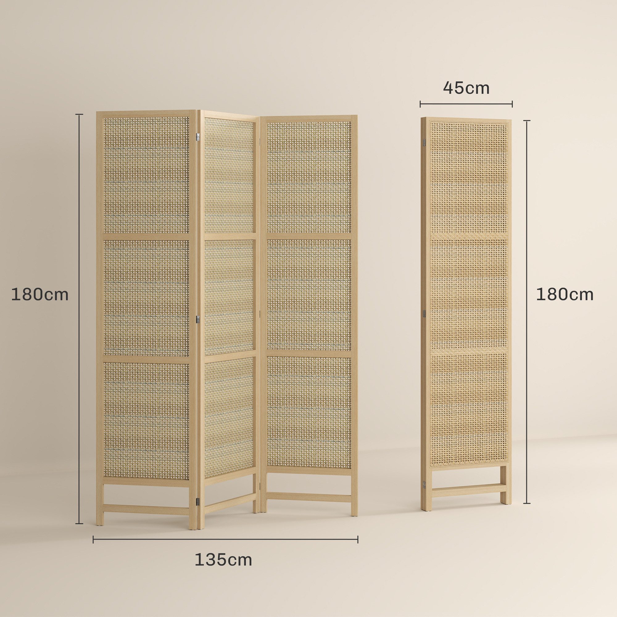HOMCOM Paravent 3-teilig 135 x 180 cm Raumtrenner aus PP Rattan (Raumteiler, 1 St., Trennwand), für Wohnzimmer, Schlafzimmer, Naturholz